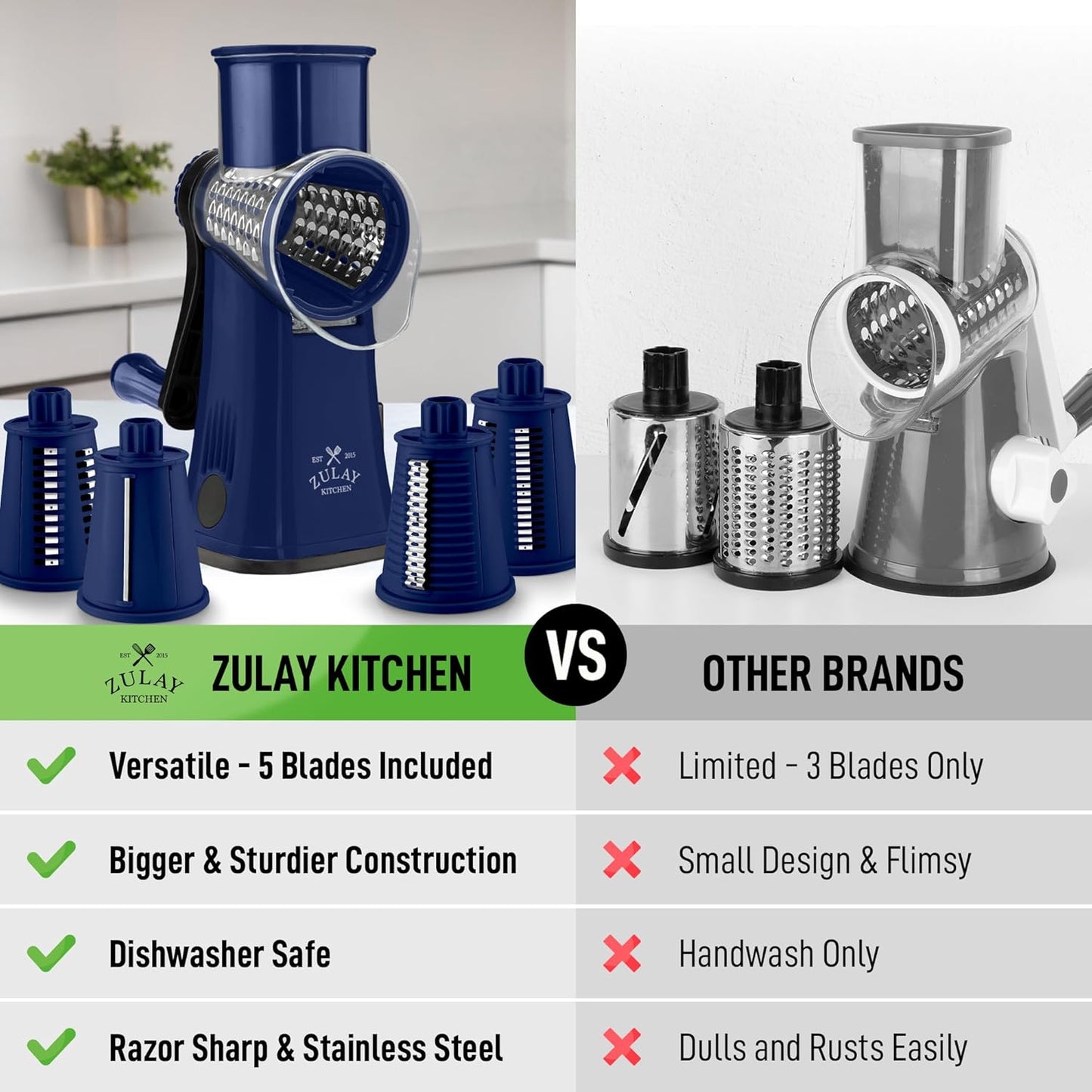 Zulay Kitchen Rotary Cheese Grater 5 Blade Cheese Shredder - Manual Hand Crank Cheese Grater With Reinforced Suction & 5 Interchangeable Drums - Easy to Use, Vegetable Chopper Round Mandoline Slicer