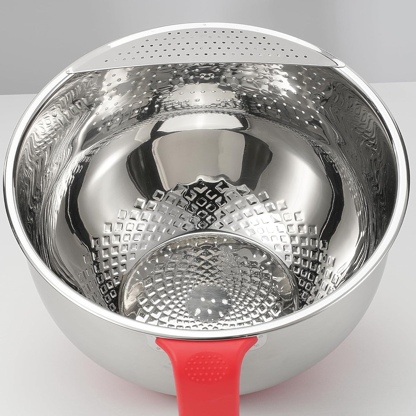 Rice Washer Strainer Bowl Quinoa Washing Bowl whit Handle Stainless Steel Colander Versatile Side Drainers for Cleaning Rinsing Fruits, Vegetables, and Beans - Tilting Non-slip Silicone Bottom, Red