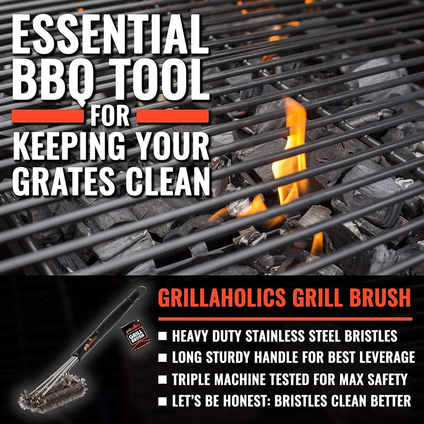 Grillaholics Essentials Grill Brush Steel - Triple Machine Tested for Safety - Stainless Steel Wire Grill Brush for Deep Grill Cleaning - Lifetime Manufacturers Warranty
