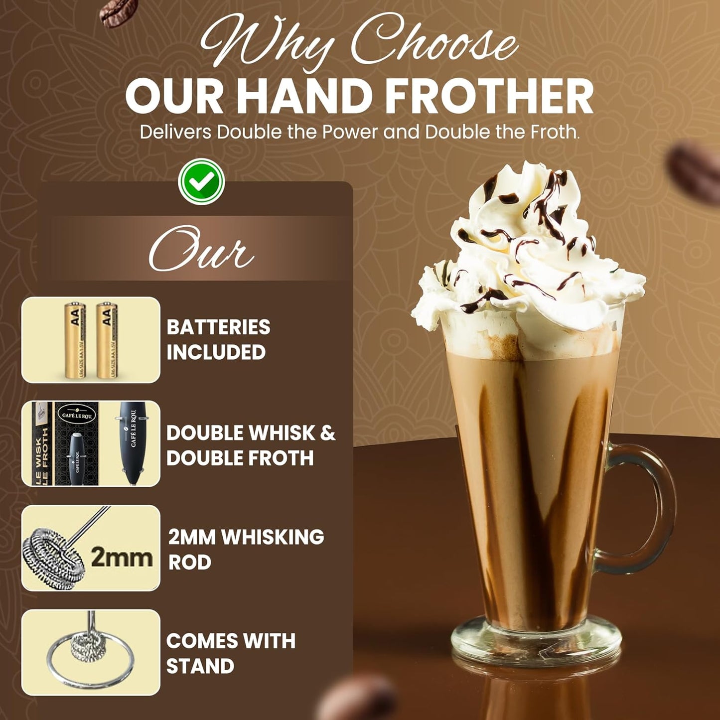 Cafe le Rou Milk Frother Handheld Battery Operated - Double Whisk with Stand. Batteries included. Electric Foam Maker, Drink Mixer with Stainless Steel Whisk