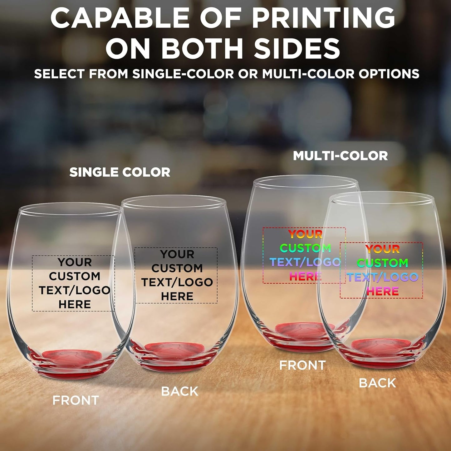 Custom Stemless Wine Glasses in Bulk by ARC Perfection, 15 oz, 50 pack, Personalized Text, Logo, Red or White Wine Glass Set, Red