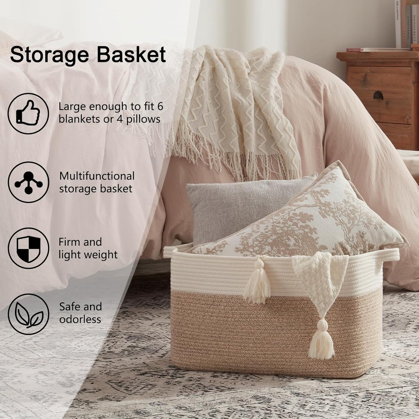 OIAHOMY 65L Blanket Basket, Cotton Rope Woven Blanket storage for Living Room, Rectangle Woven Baskets for Storage, 20''×16''×12'', Brown and White