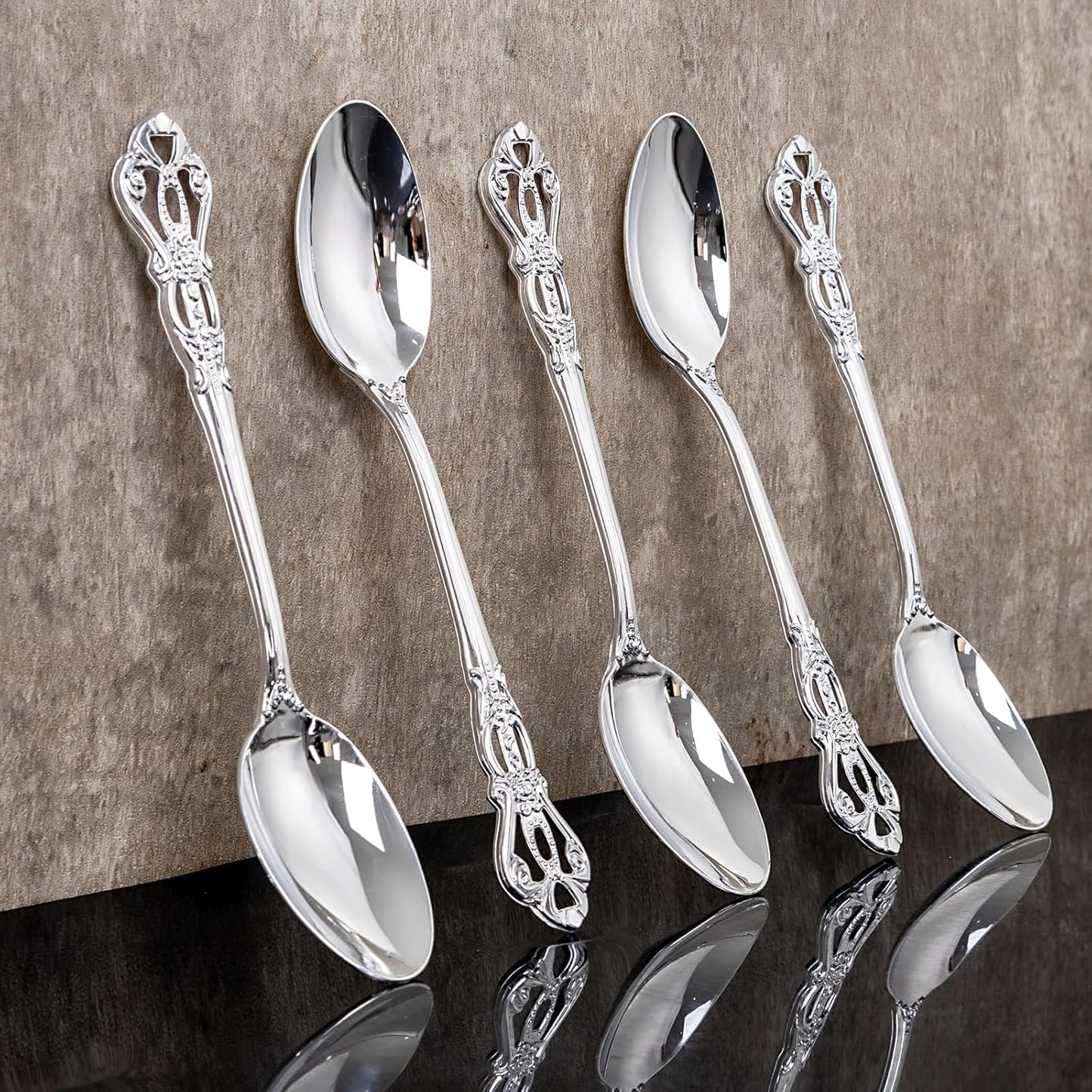 30PCS Silver Plastic Spoons - Silver Spoons Disposable - 8.1 Inch Heavy Duty Plastic Silverware - Heavyweight Elegant Disposable Utensils for Catering, Parties, Dinners, Weddings