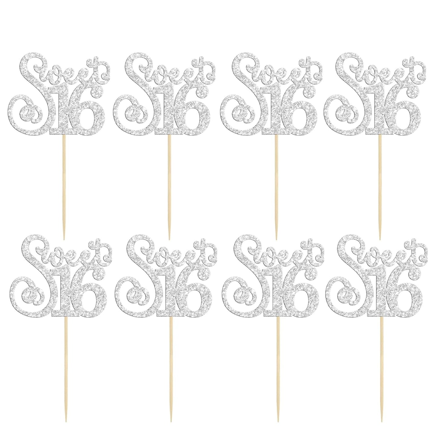 Gyufise 24 Pack Happy Sweet 16 Cupcake Toppers Glitter Sixteen 16th Birthday Cupcake Picks Cheers to 16 Years Old Cupcake Decorations for 16th Birthday Anniversary Party Cake Supplies Silver