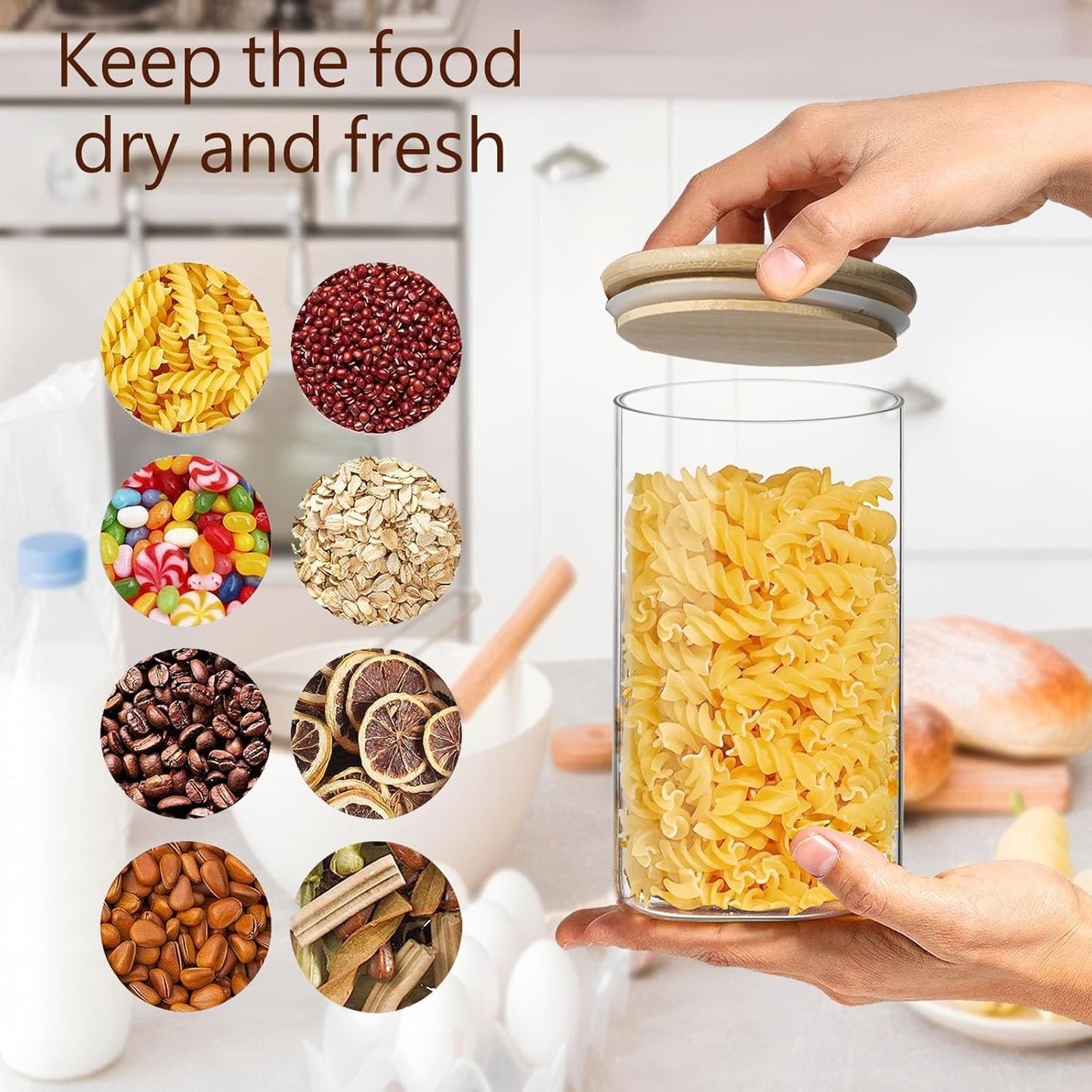 1.5 Qt Round Glass Storage Containers with Lids, Clear Food Storage Container Jar with Sealing Bamboo Lid for Noodles Flour Cereal Rice Sugar Tea Coffee Beans, Round Set of 3