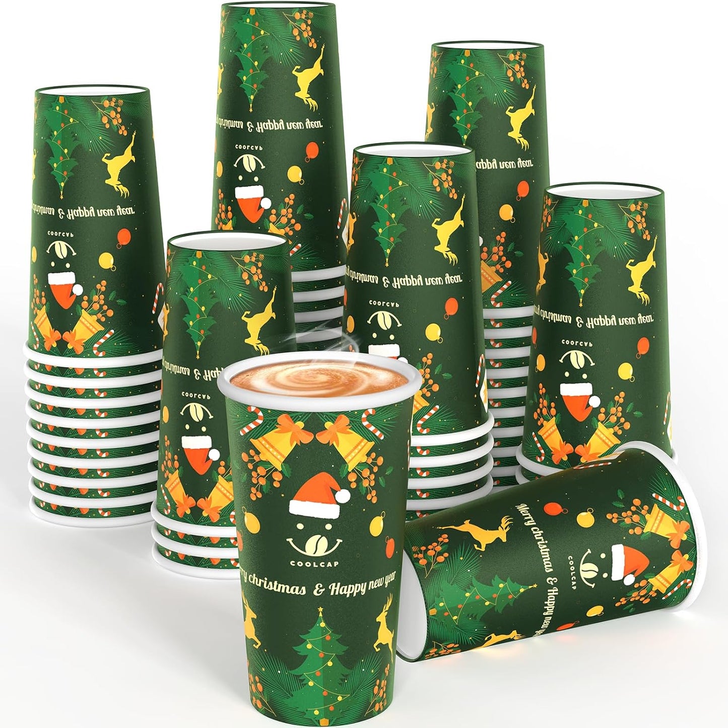Christmas Cups, 50 Pack Party Decor, To Go Paper Hot Cups for Chocolate, Cocoa, Coffee (Green, 16 oz)