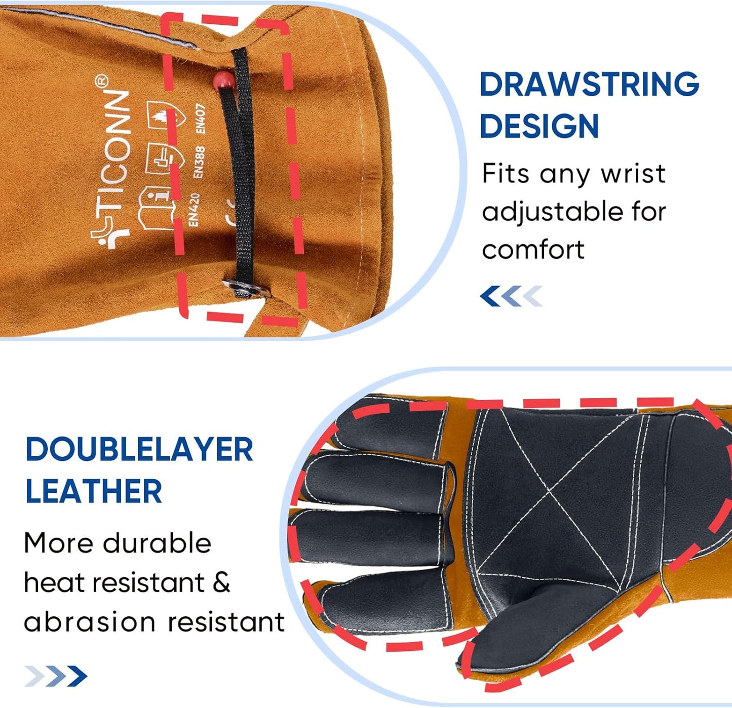 TICONN Welding Gloves, 16 IN L/XL/XXL 1000°F Heat-Resistant Fireproof Leather Gloves for Welders, Stick, Forge, Mig, Tig, BBQ