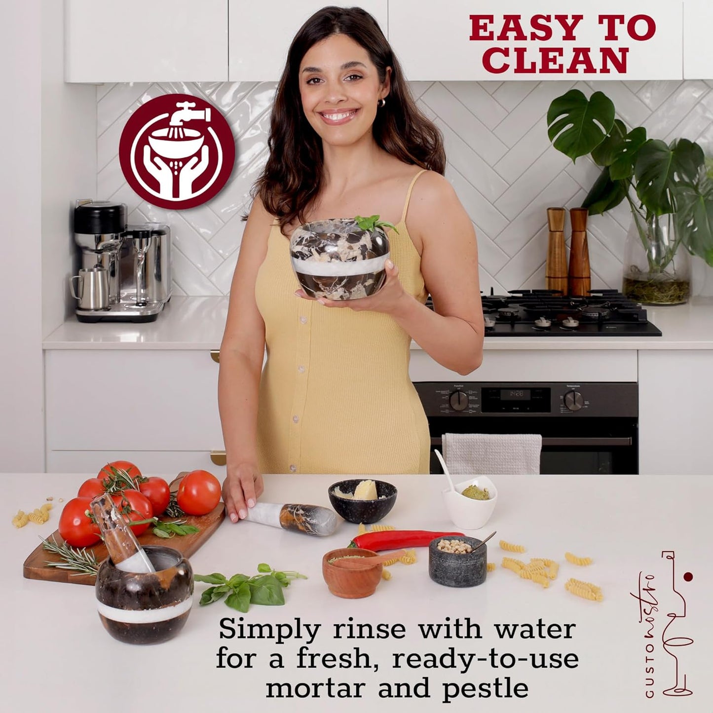 Gusto Nostro Natural Marble Mortar and Pestle Set | 5 Inch - 2.5 Cup Large Mortar Pestle Set for Grinding Herbs, Nuts, Grains | Pesto Grinding and Guacamole Stone Bowl | Marble Spice Crusher