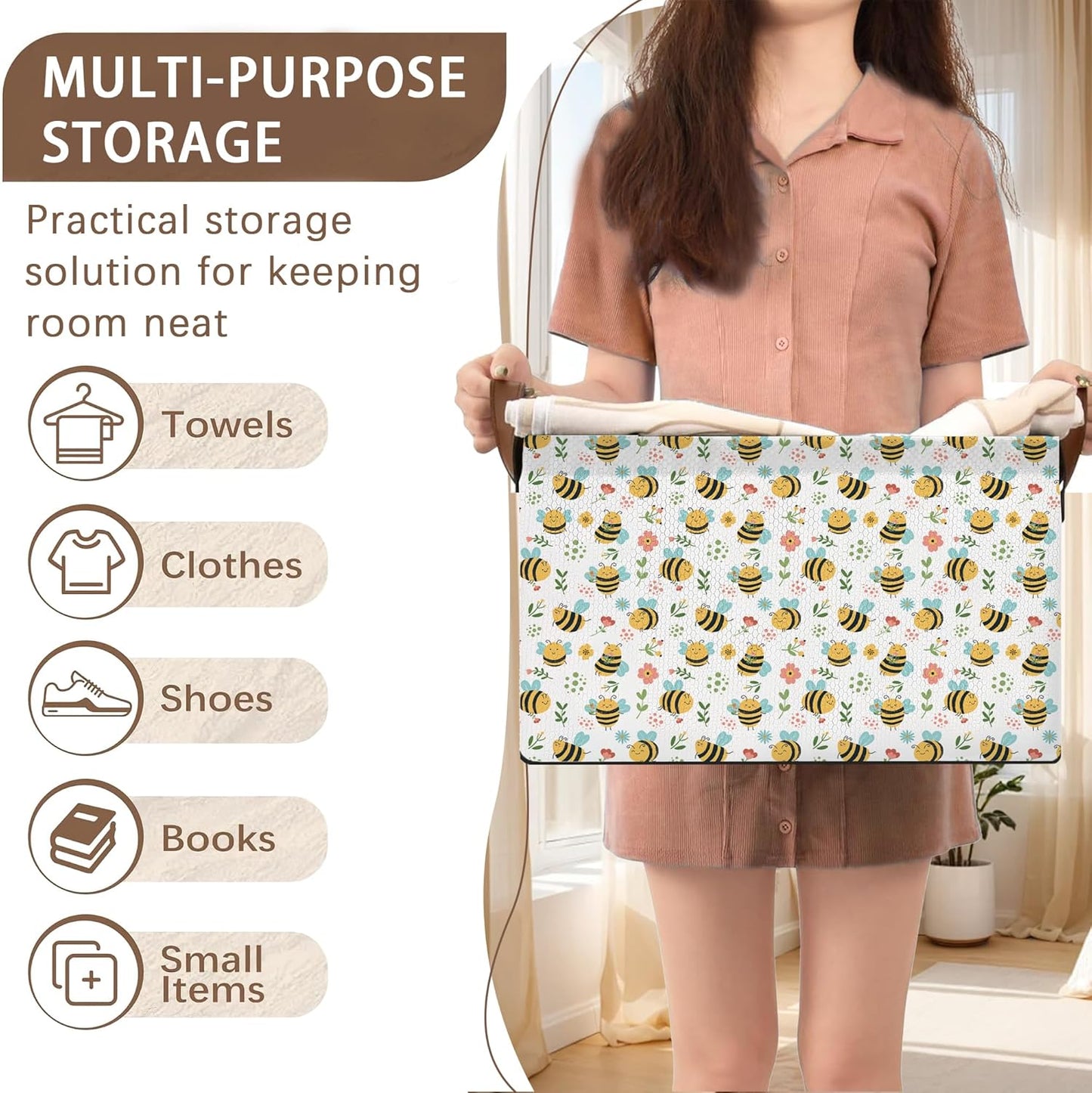 Honeybee Floral Storage Basket Large 17x11.5x10.5 Inche-Collapsible Fabric Organizer Bin with Handles for Garden Decor, Nursery, Spring Theme-Decorative Hamper with Botanical Insect-Single Pack