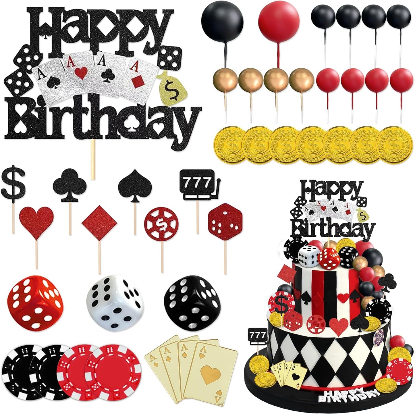 Knana 35Pcs Casino Cake Toppers Dice Poker Cake Topper Casino Theme Party Decorations