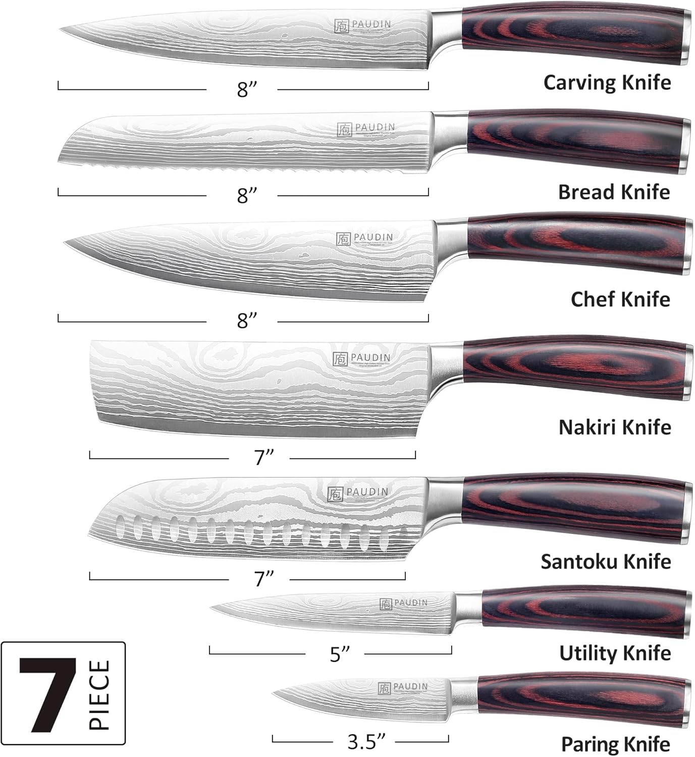 PAUDIN Chef Knife Set, 7 Pieces Kitchen Knife Set, High Carbon Stainless Steel, Ultra Sharp Knife Set, Professional Knives Set for Kitchen with Pakkawood Handle