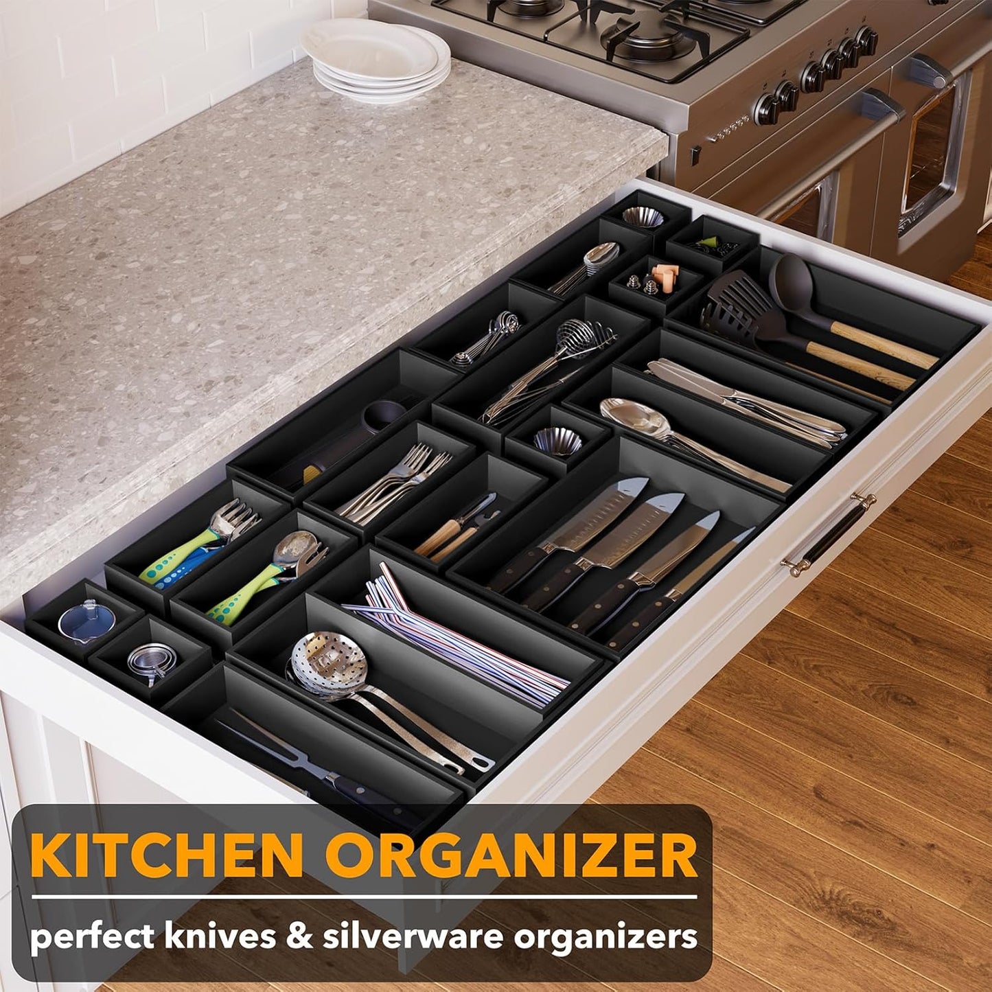 SpaceAid 21-Piece Bamboo Drawer Organizer Storage Boxes Set, Wood Tray Junk Drawer Organizers Multi-Use Divider Bins for Kitchen, Bathroom, Office Desk and Makeup Organization (21 Pack, Black)