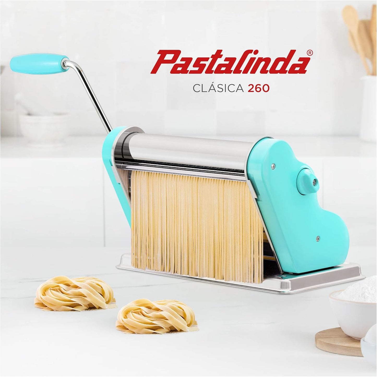 PASTALINDA Classic 260 Pasta Maker Machine, 26 cm Wide Rollers, 9 Thickness Positions, 2 Cutting Positions, Stainless Steel. Includes Reinforced Hand Crank And Two Clamps (Acqua)