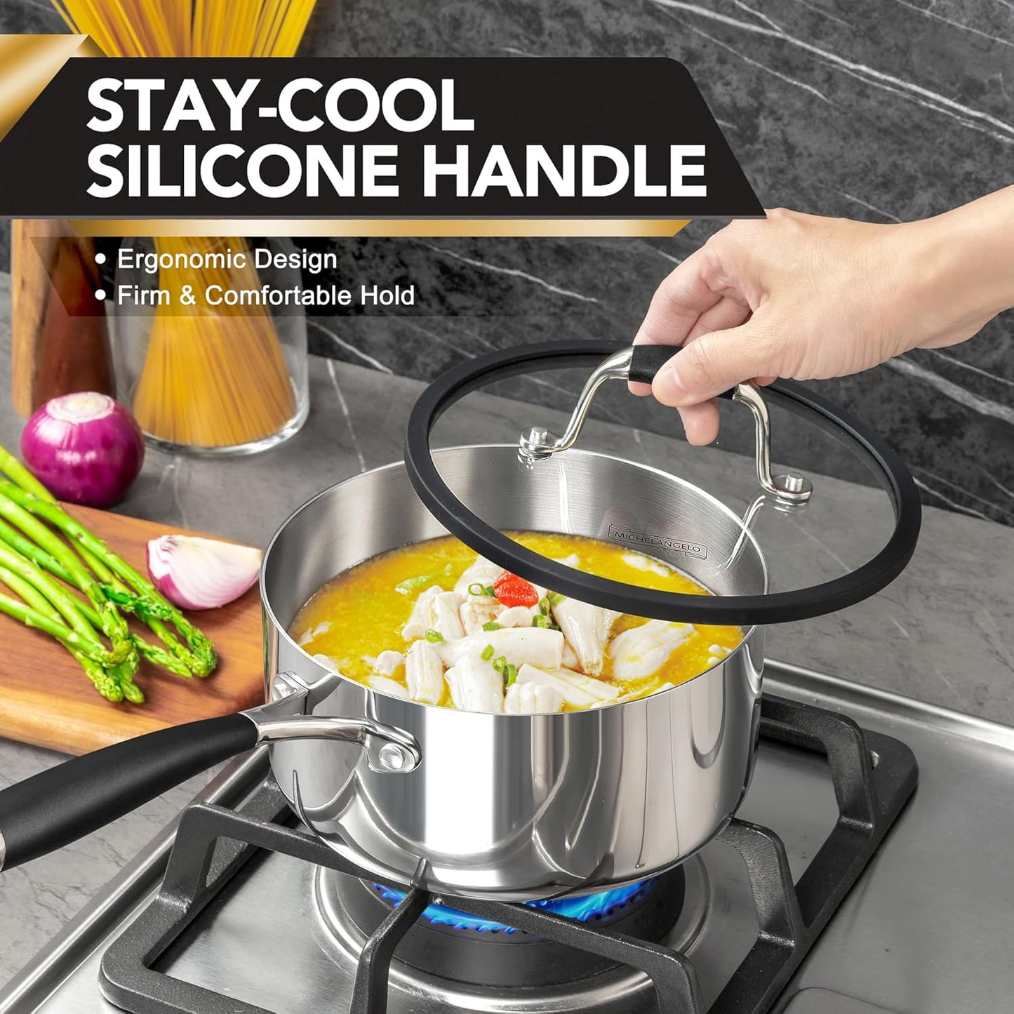 MICHELANGELO Triply Stainless Steel Saucepan Set with Strainer Lid, Heavy-duty Sauce Pan with Lid, Multipurpose Sauce Pot Induction Compatible - 1QT & 2QT & 3QT