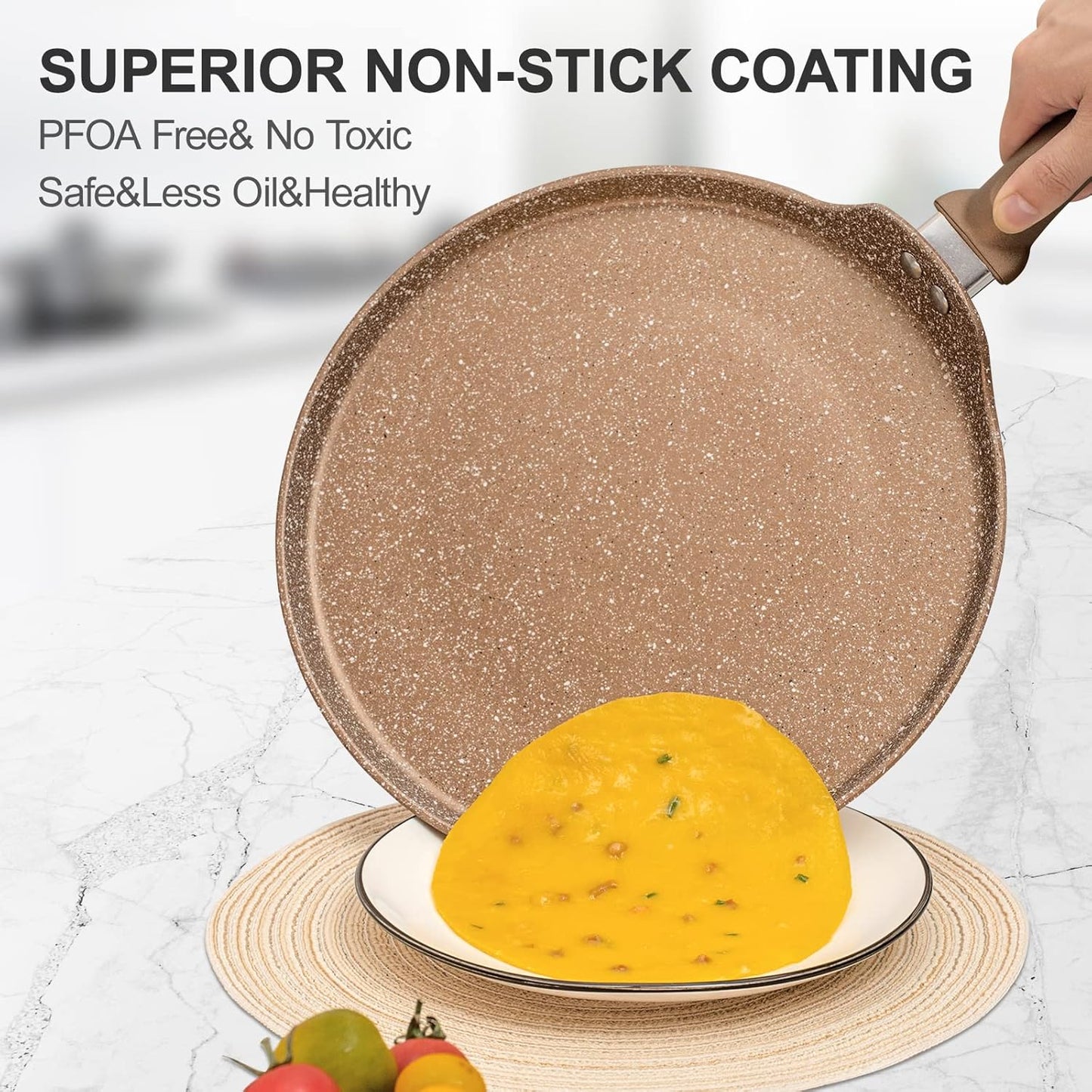 Nonstick Crepe Pan, Granite Coating Flat Skillet Dosa Tawa Tortilla Pan, 10 inch Pancake Griddle Roti Pan With Stay-Cool Handle, Induction Compatible, PFOA Free