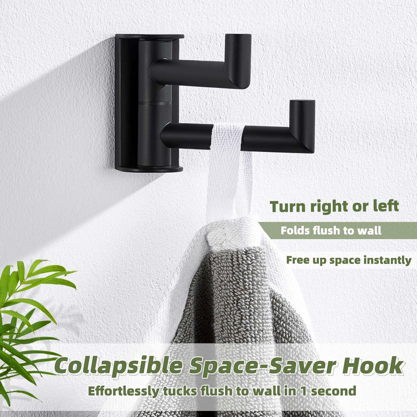 APLusee Swivel Towel Hook 2 Arms Matte Black, 304 Stainless Steel Bathroom Double Towel Holder, Folding Robe Hook Wall Mounted