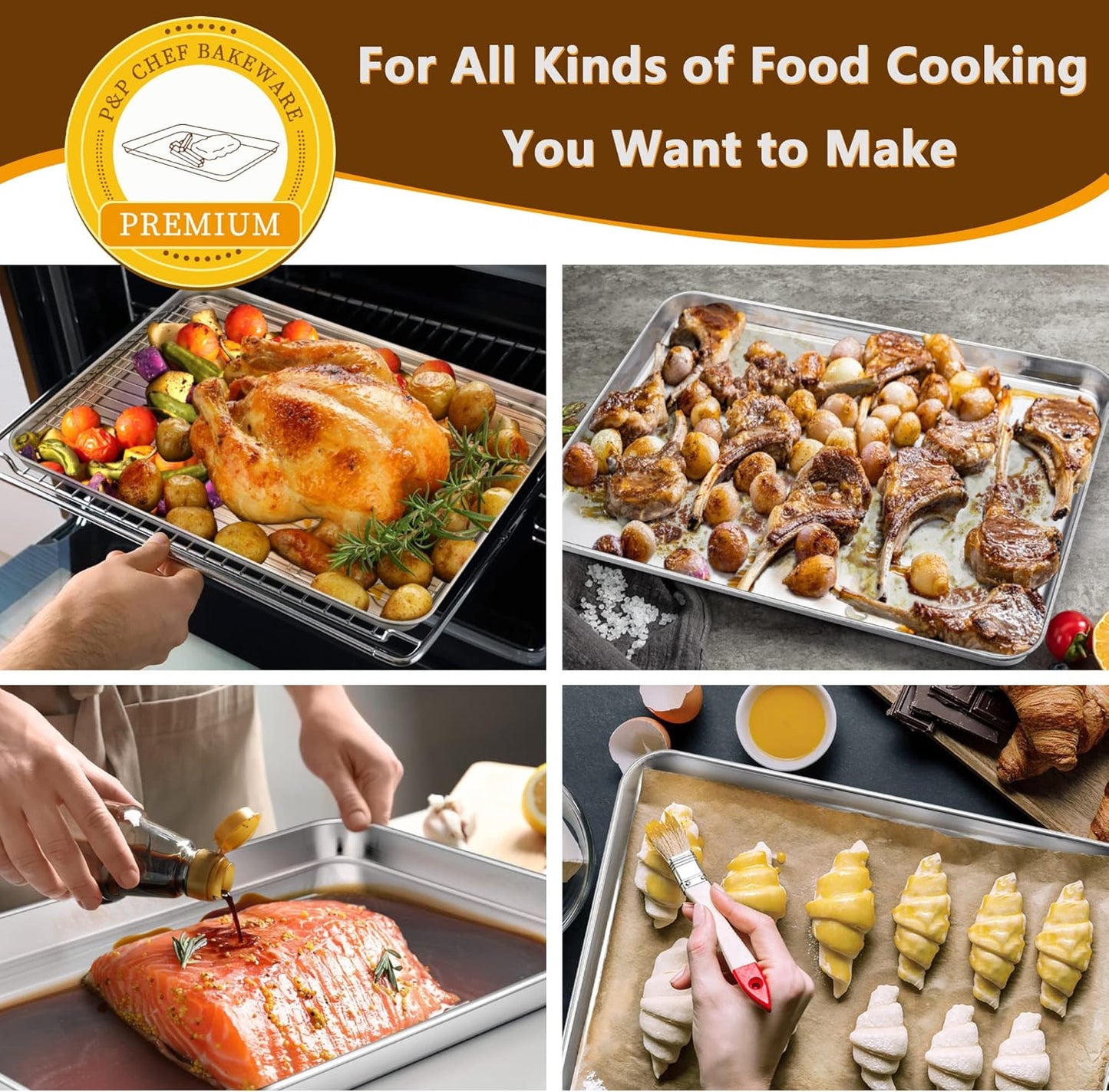 P&P CHEF 16 Inch Baking Sheet Pan with Rack Set, Stainless Steel Cookie Sheet Pan Tray with Cooling Rack for Oven Use, Cooking Roasting, Non Toxic & Dishwasher Safe, Heavy Duty