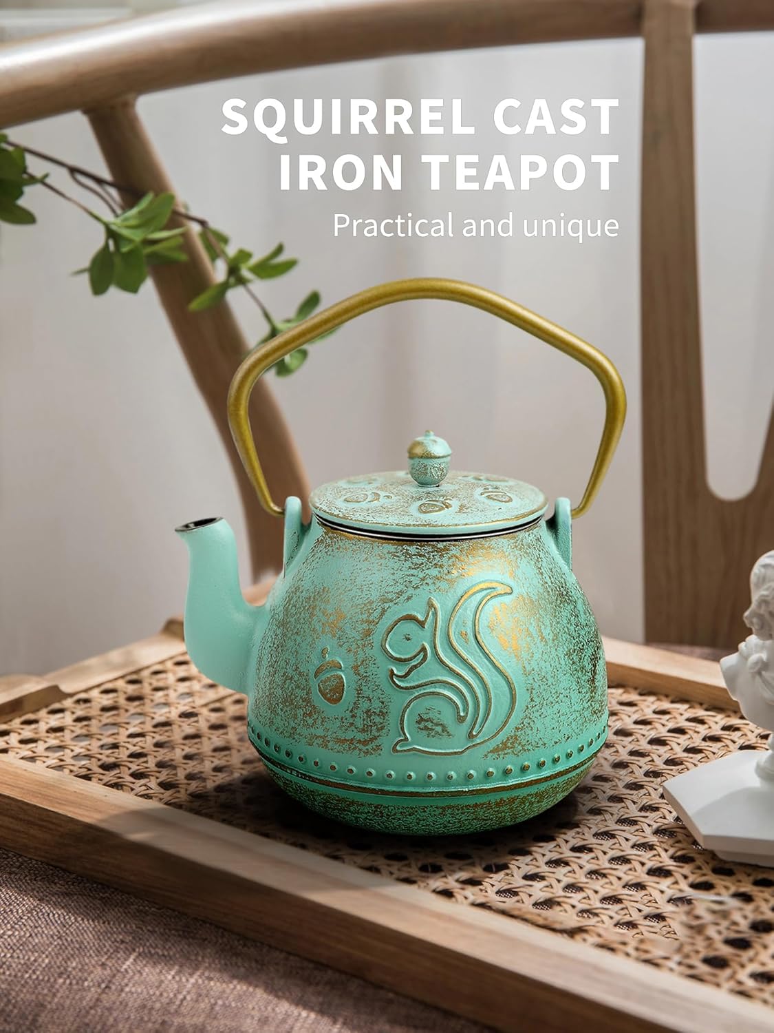 Toptier Teapot with Removable Infuser, Cast Iron Tea Kettle Stovetop Safe, Squirrel Design Tea Pot Coated with Enameled Interior for 32 Ounce (950 ml), Aqua