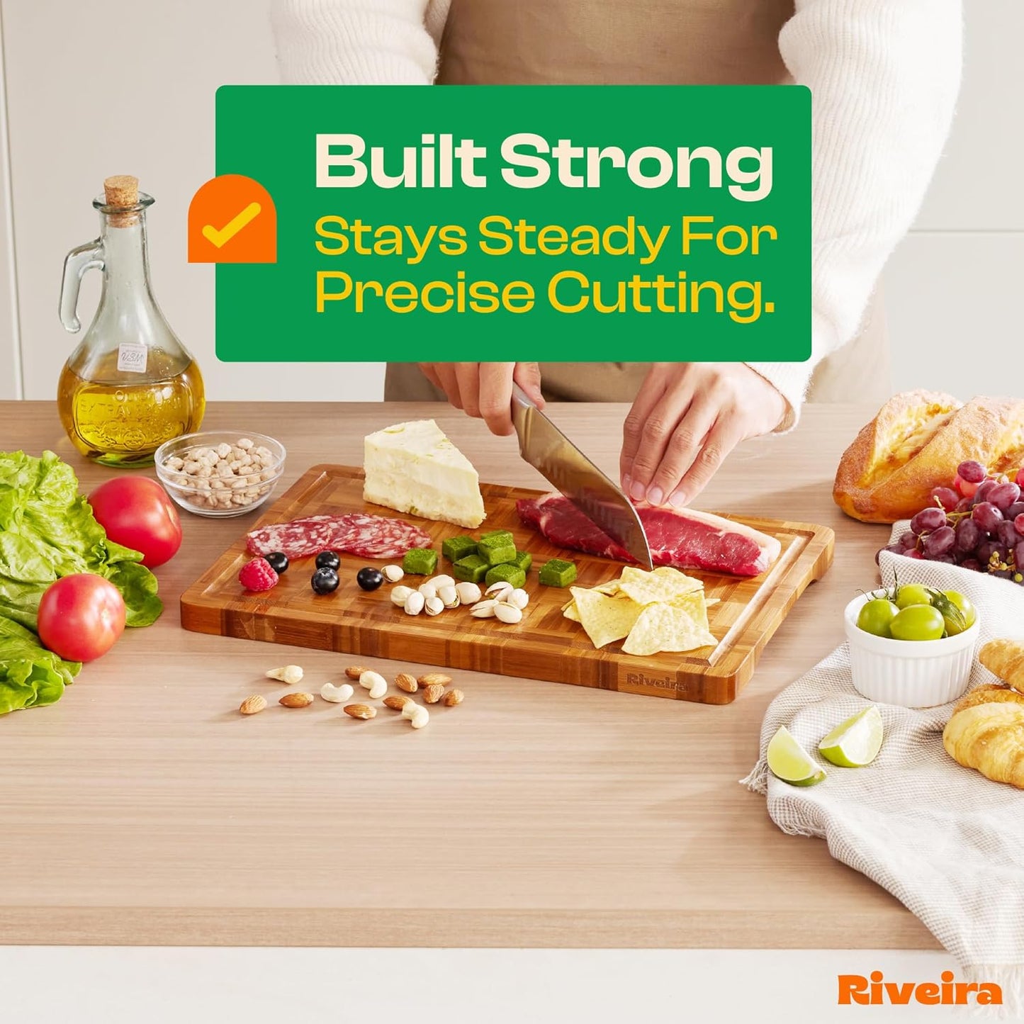 Riveira Bamboo End Grain Wood Cutting Board – Gourmet Bamboo Grandeur: 15 x 10 Wooden Cutting Boards – Wooden Cutting Boards For Kitchen Decorative – Innovative Juice Grooves End Grain Cutting Board