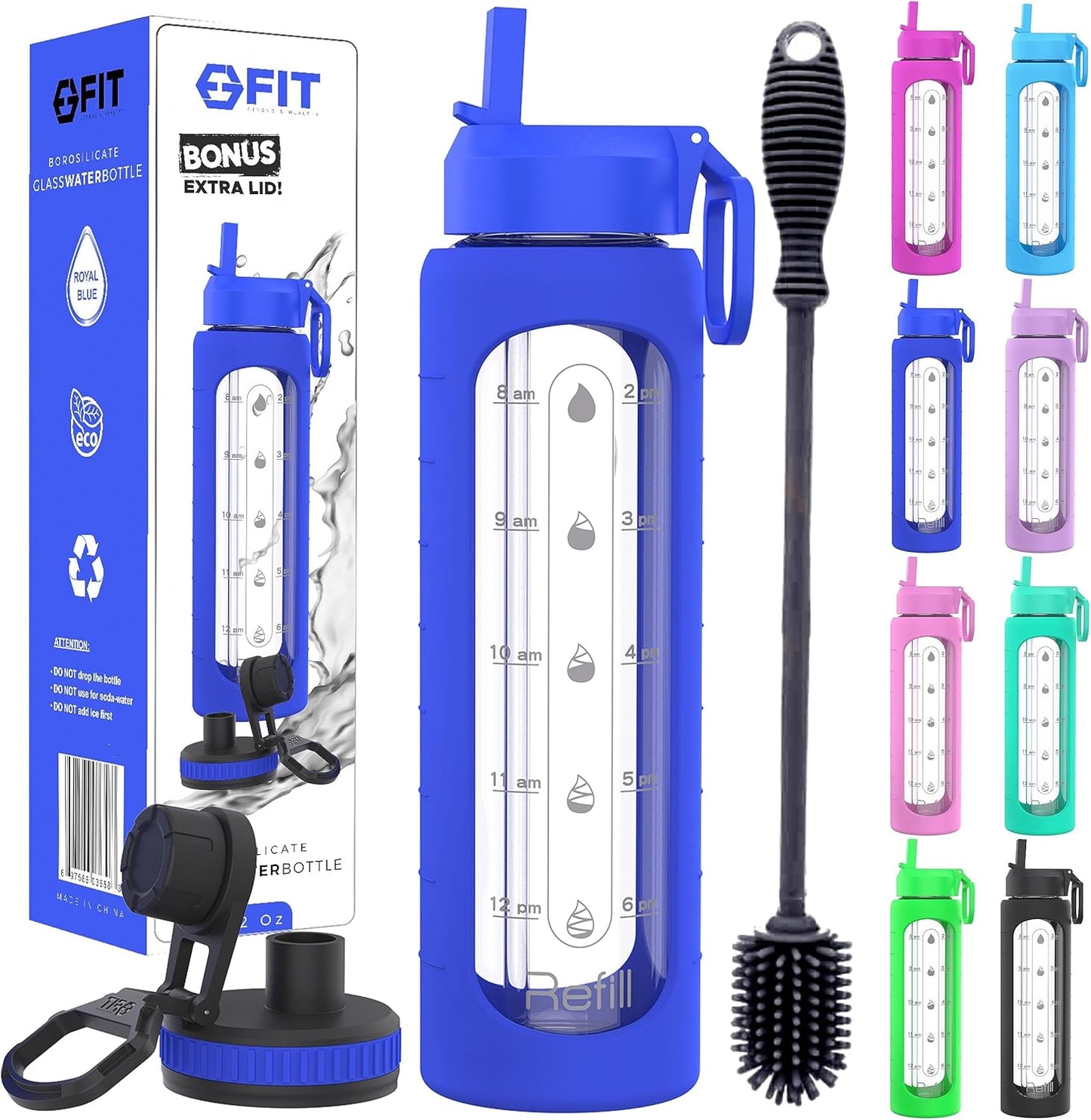 FIT Strong & Healthy 32 oz Glass Water Bottle with Straw Lid, Time Marker, Sleeve & Extra Lid - Motivational, Wide Mouth 1 Liter Glass Drinking Bottle