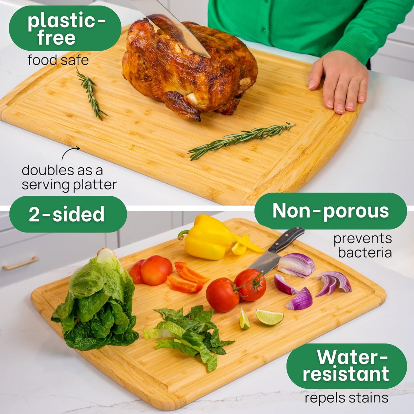 GREENER CHEF 20 Inch XL+ Organic Bamboo Cutting Board - Extra Large Butcher Block for Kitchen, Meat, Veggies, Charcuterie with Deep Juice Grooves & Lifetime Replacements