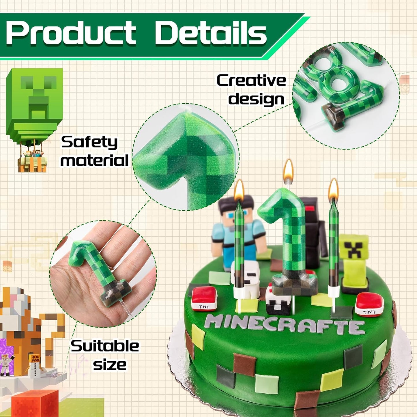 13 Pcs Dynamite Candles 12 TNT Themed Birthday Cake Candles and Number 1 Candle Cake Topper for Pixel Theme Birthday Party Anniversary Party Dynamite Theme Party Video Game Party Supplies (Number 1)