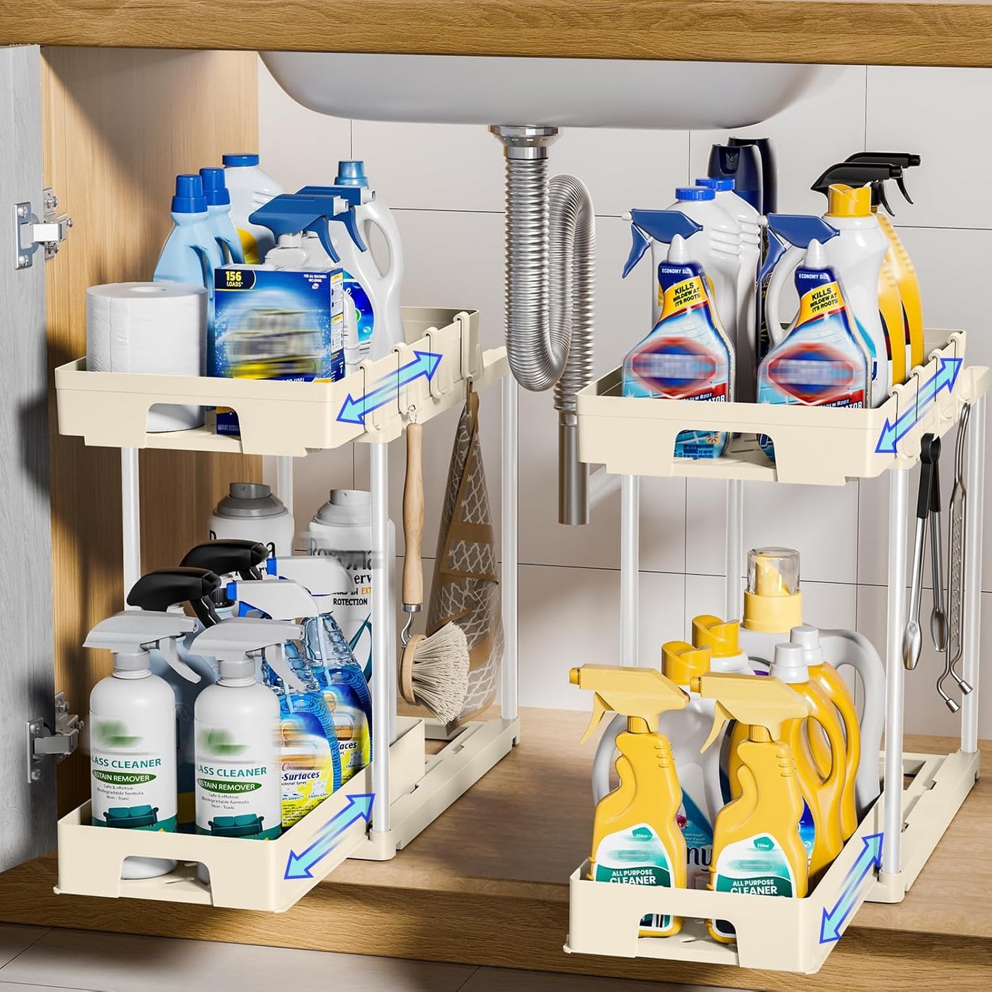 Delamu Under Sink Organizers and Storage, 2 Pack Pull Out Kitchen Bathroom Cabinet Organizer, 2 Tier Beige Under Sink Storage for Bathroom Kitchen