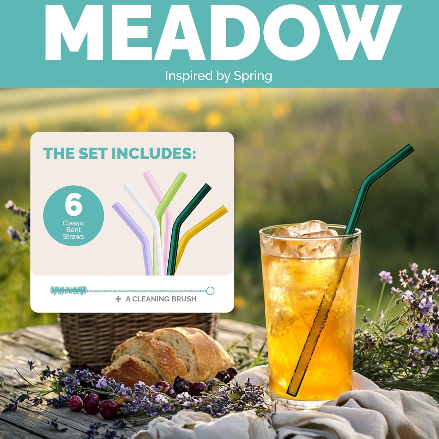 Simply Straws 8 Inch Glass Straws Bent (6-Pack) – Reusable Glass Straws for Pints & Juice Drinkware, with Cleaning Brush – Dishwasher Safe, Hot & Cold Use, BPA-Free (Meadow)