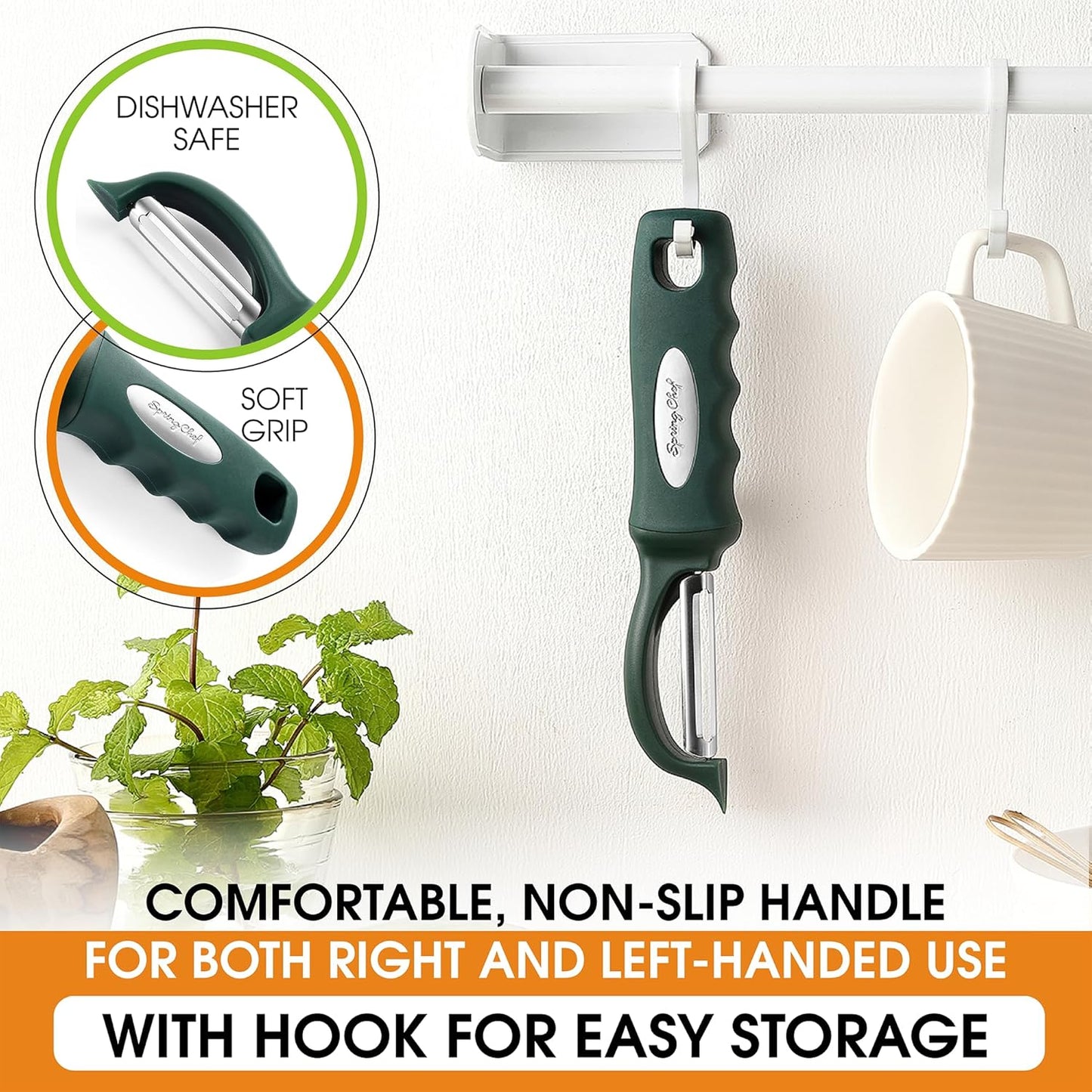 Spring Chef Professional Swivel Vegetable Peeler for Kitchen, Stainless Steel Potato Peeler with Comfortable Handle, Great for Apple, Veggie, Carrot, Cucumber - Dishwasher Safe - Pine Green