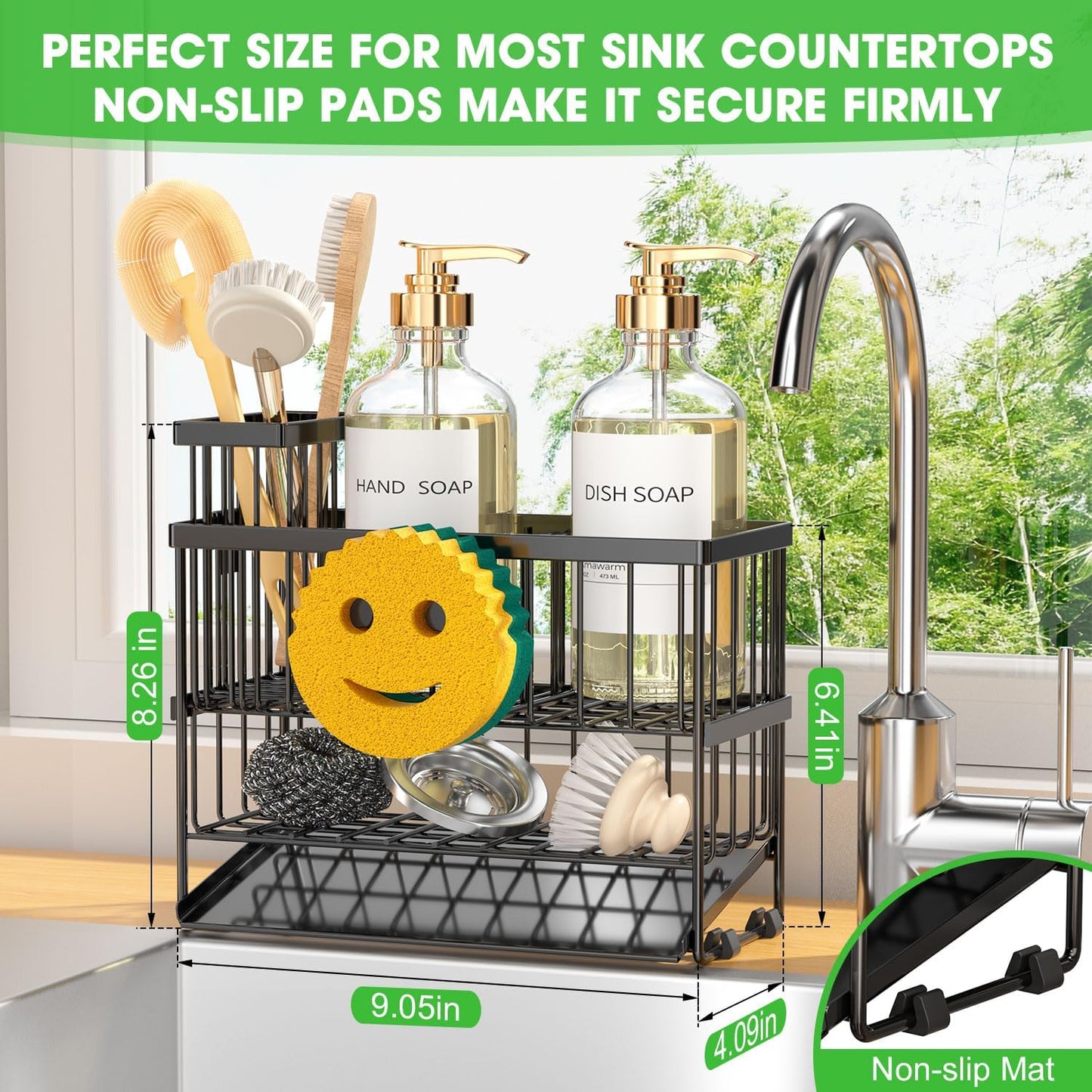 Sponge Holder for Kitchen Sink, 2 Tier Smiley Face Sink Caddy Organizer with High Brush Holder, Self-Draining Sponge Holder for Sinks, Soap Dispenser Organizer, Rustproof 304 Stainless Steel