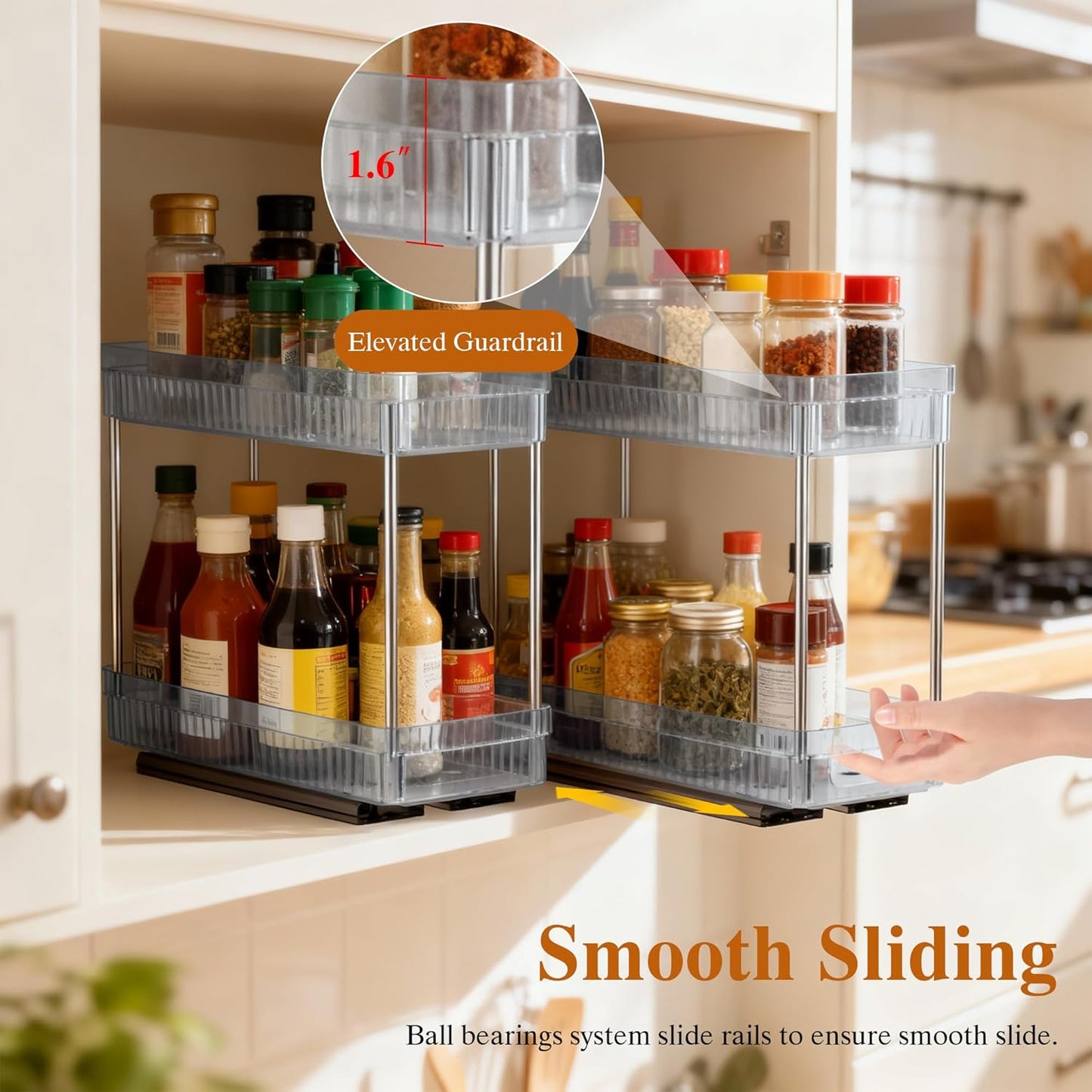 2 Pack Pull Out Spice Rack Organizer for Cabinet, 2 Tier Slide Out Spice Racks Organizer, Spice Cabinet Organizers, Cabinet Size Need:12'' High x 11'' Deep x 5'' Wide, Clear Acrylic