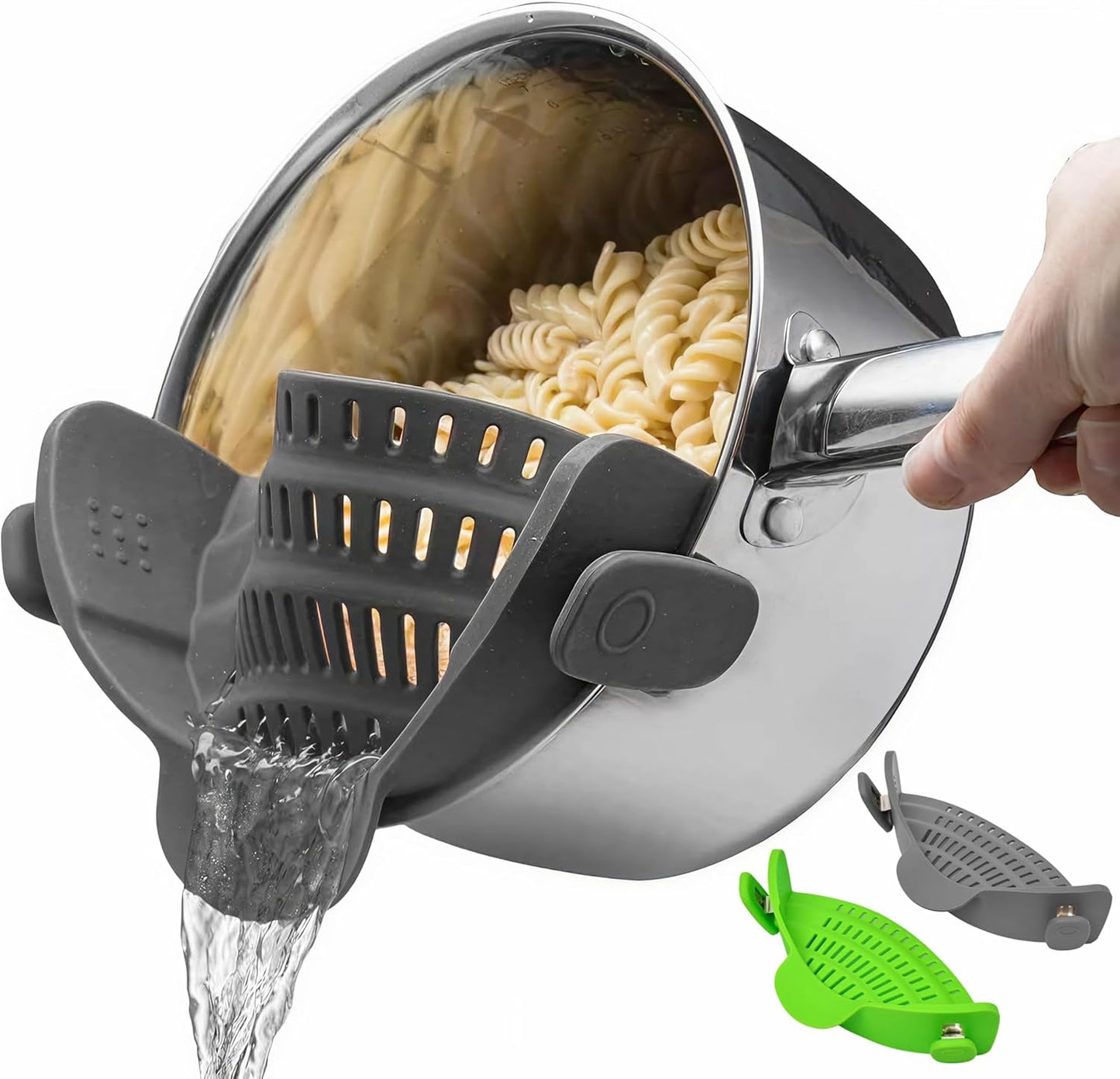 2 Pack Kitchen Gizmo Snap-On Strainer - Silicone Clip-On Strainer for Pots and Pans - Collapsible Design - Heat Resistant Colander for Vegetables and Noodles - Ideal for Rice, Grains - Green/Grey