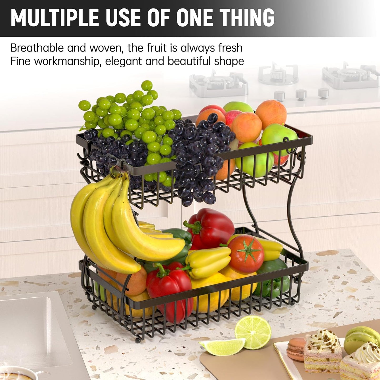 Fruit Basket,2-Tier Fruit Bowl with Banana Hanger,Kitchen Storage Countertop Rack,Fruit Metal Bowls Perfect for Holding Fruit,Vegetables,Snacks(Black)