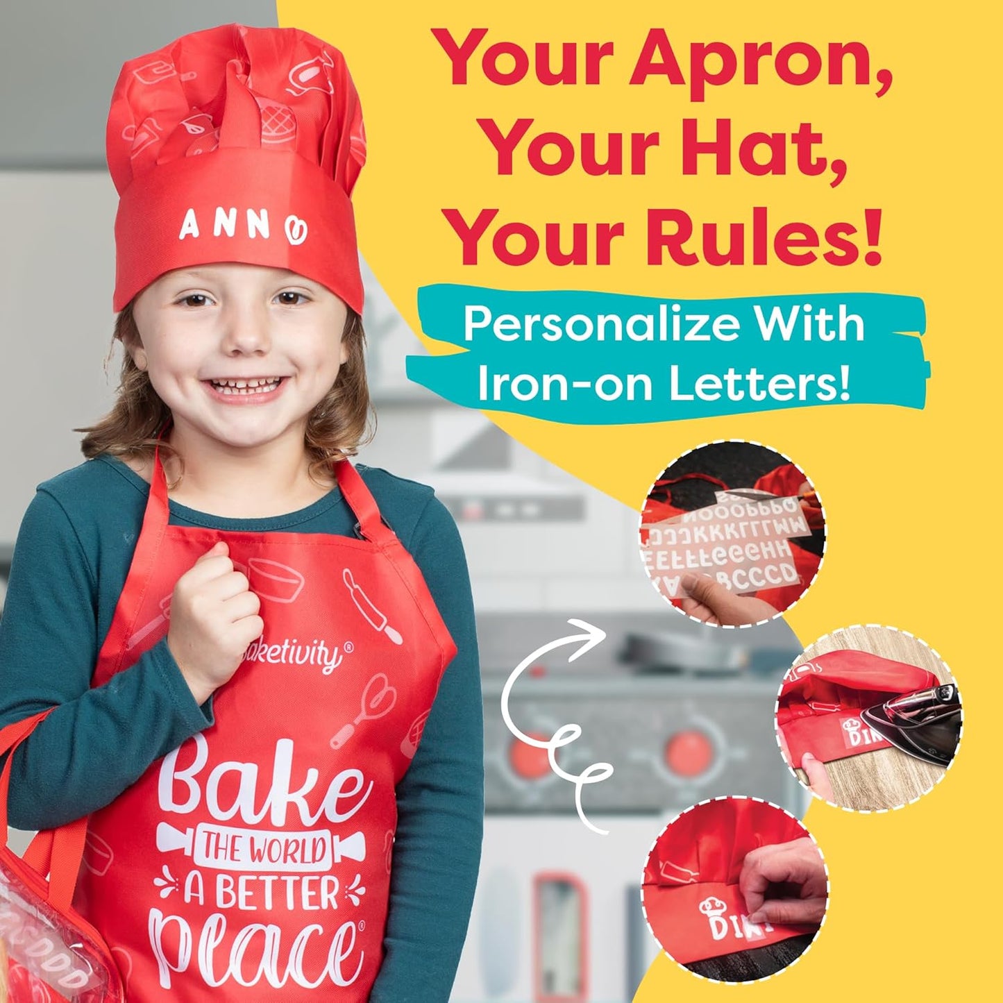 Baketivity Kids Chef Hat and Apron Set for Boys & Girls - One Size Fits All (Adjustable) - Premium, Washable Apron and Hat Set for Cooking - Young Chefs & Junior Bakers Chef Outfit for Kids
