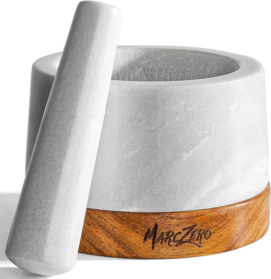 MarcZero 6inch Large Mortar and Pestle Set with Anti-Scratch Wooden Base, Heavy Duty Mortar and Pestle Made of Natural Marble(White)