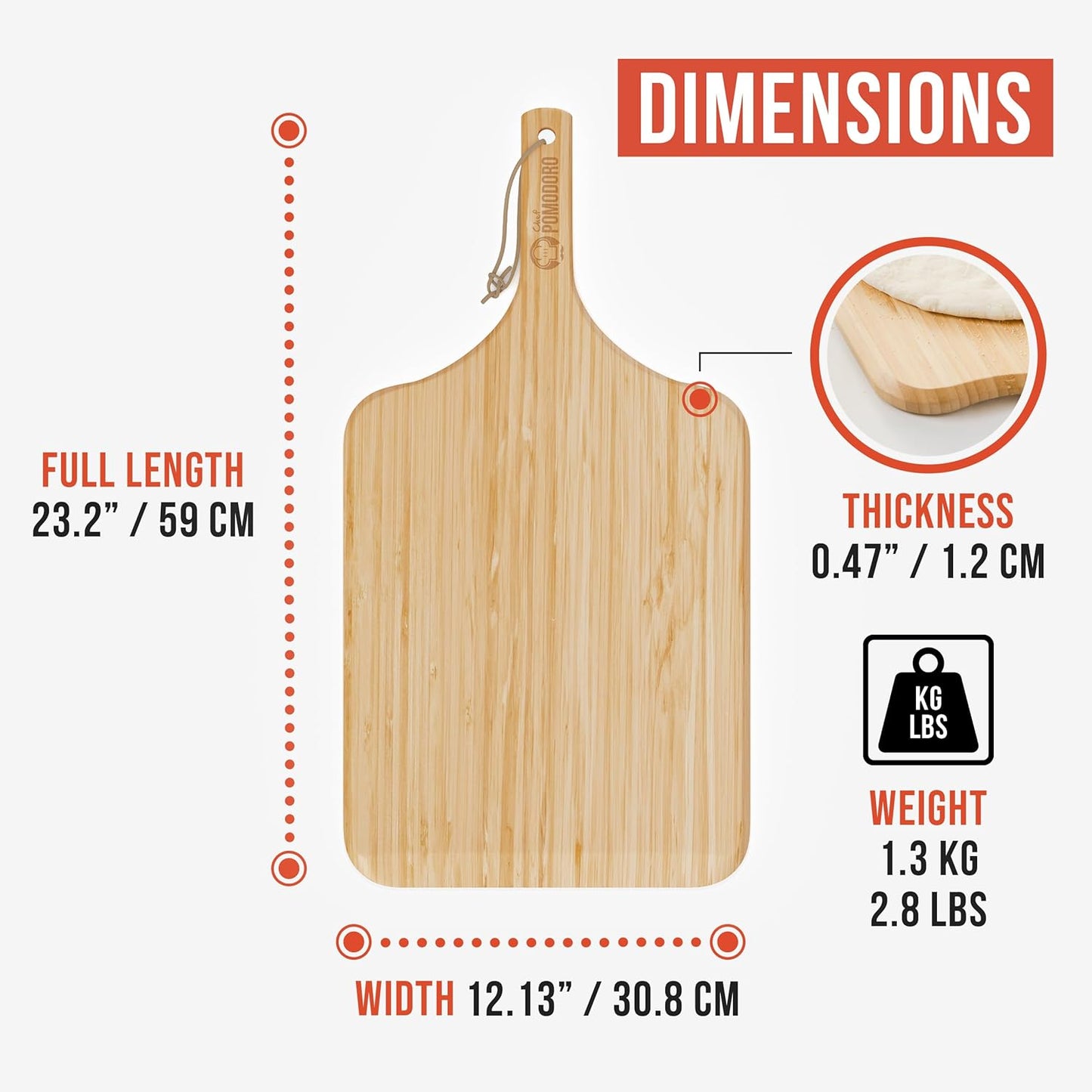 Chef Pomodoro 2-in-1 Bamboo Pizza Peel - Cutting & Serving Board | 12" Perfect Dough Transition & Space-Saving Design for Pizza Prep & Serving | Nestles with Dough Boxes