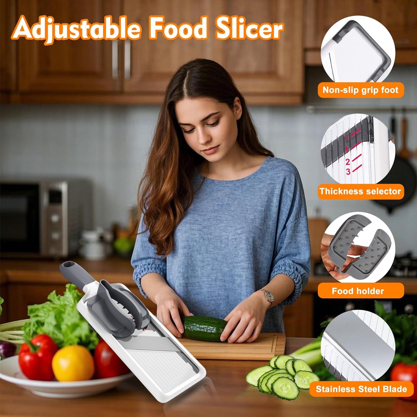 Mandoline Slicer for Kitchen, Adjustable Stainless Steel Blade, Vegetable Slicers, Slicer Vegetable Cutter with NO-slip Grip, Gray