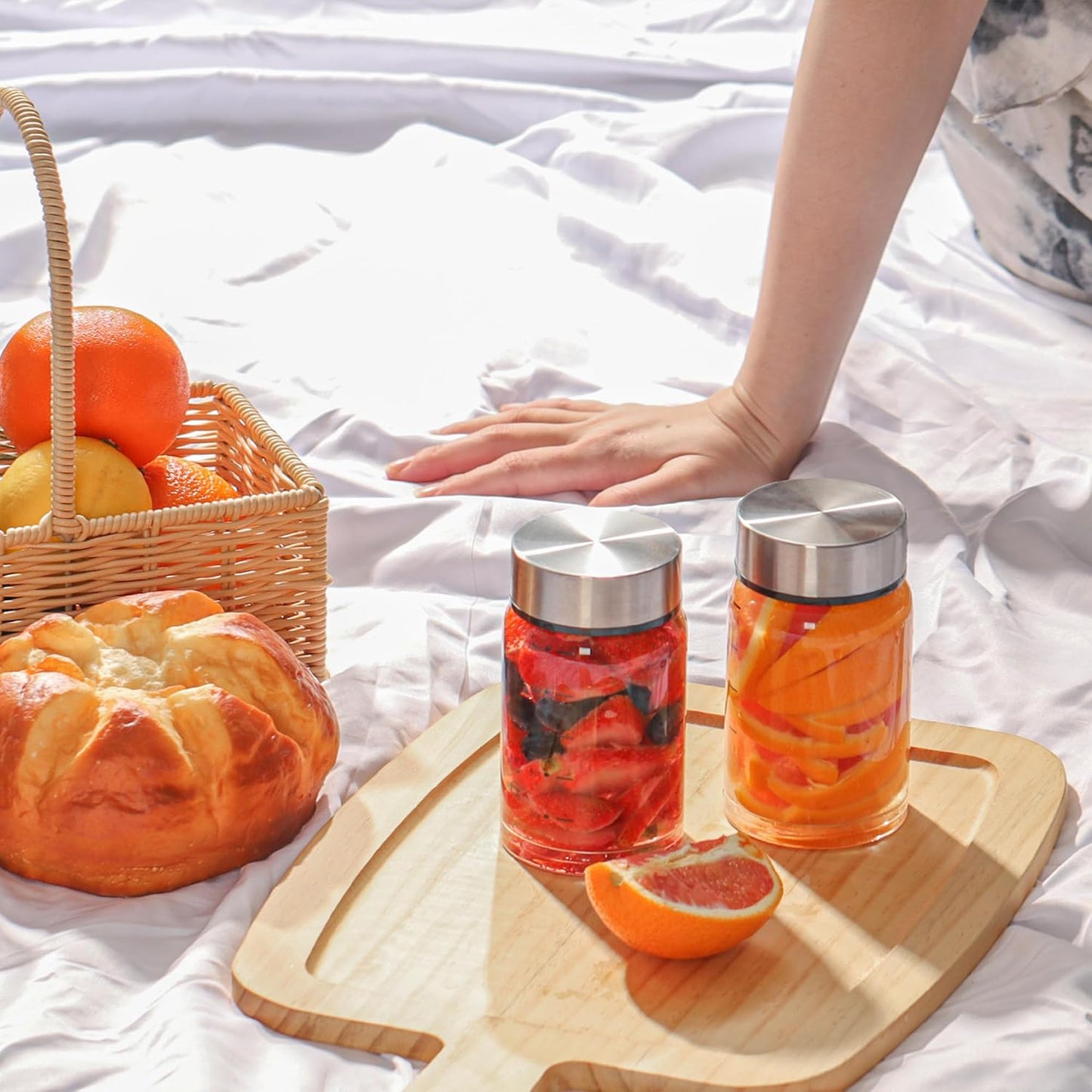 12oz Glass Juice Bottles – 4 Pack Reusable Wide Mouth Bottles with Stainless Steel Lids & Cleaning Brush, BPA-Free Water Bottles for Juicing, Smoothies, Milk, and Protein (360ml)