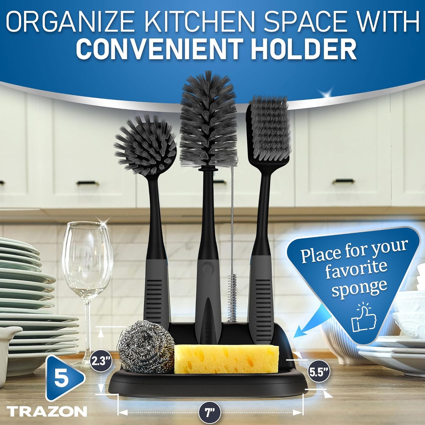 Dish Brush Set of 5 with Holder - Kitchen Scrub Brushes with Non-Slip Long Handle for Cleaning, Scrubber, Dishwashing, Dishes, Bottles, Straws, Cups, Pots & Sink, Black