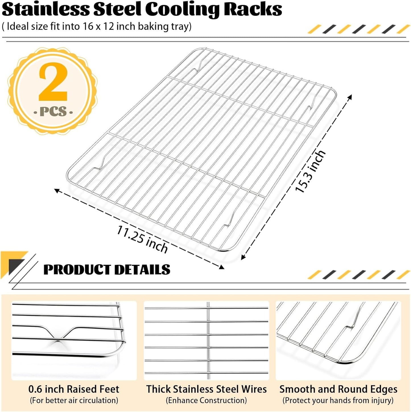 P&P CHEF Cooling Baking Rack Pack of 2, Stainless Steel Cooling Racks for Cooking Baking Roasting Grilling Drying, Dense Wires & Smooth Edge, Easy to clean, Silver, 15.3" x 11.25"