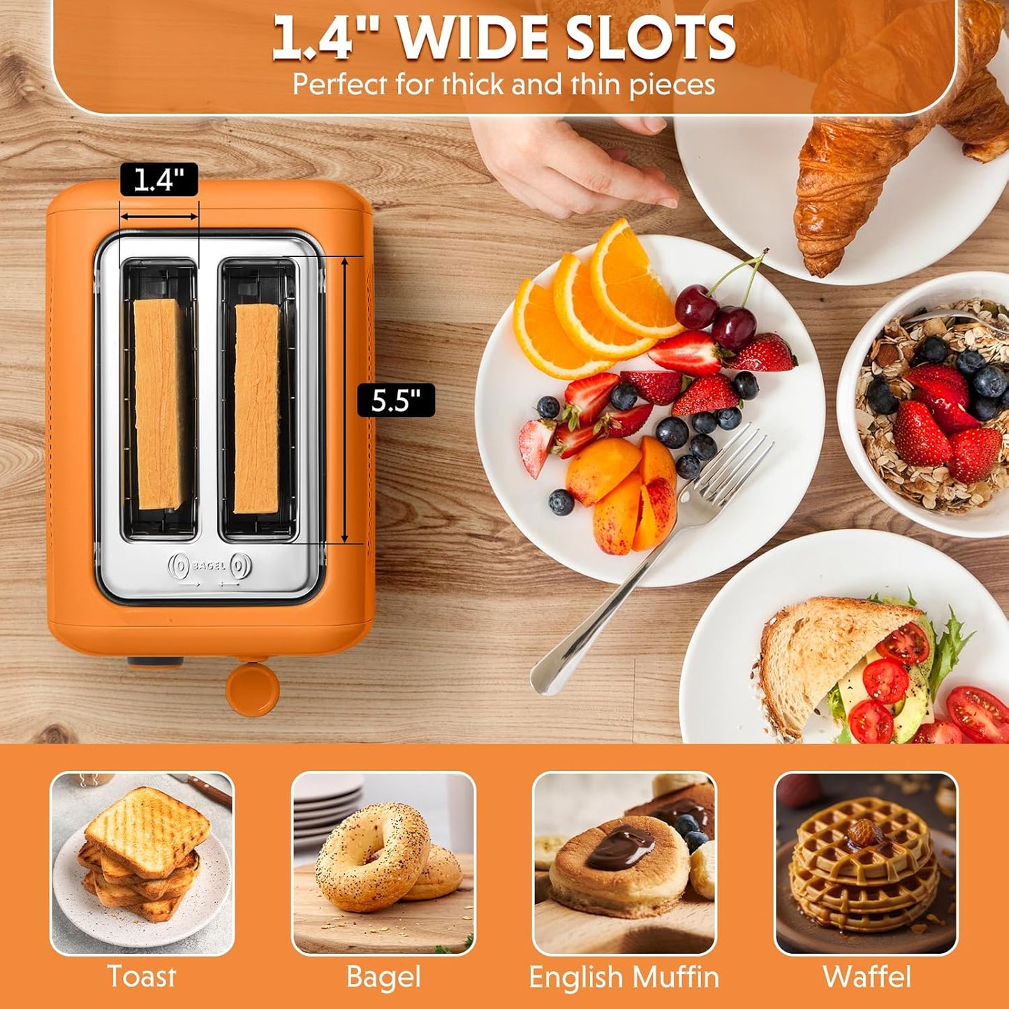 BUYDEEM DT620 2-Slice Toaster, Extra Wide Slots, Retro Stainless Steel with High Lift Lever, Bagel and Muffin Function, Removal Crumb Tray, 7-Shade Settings,Orange