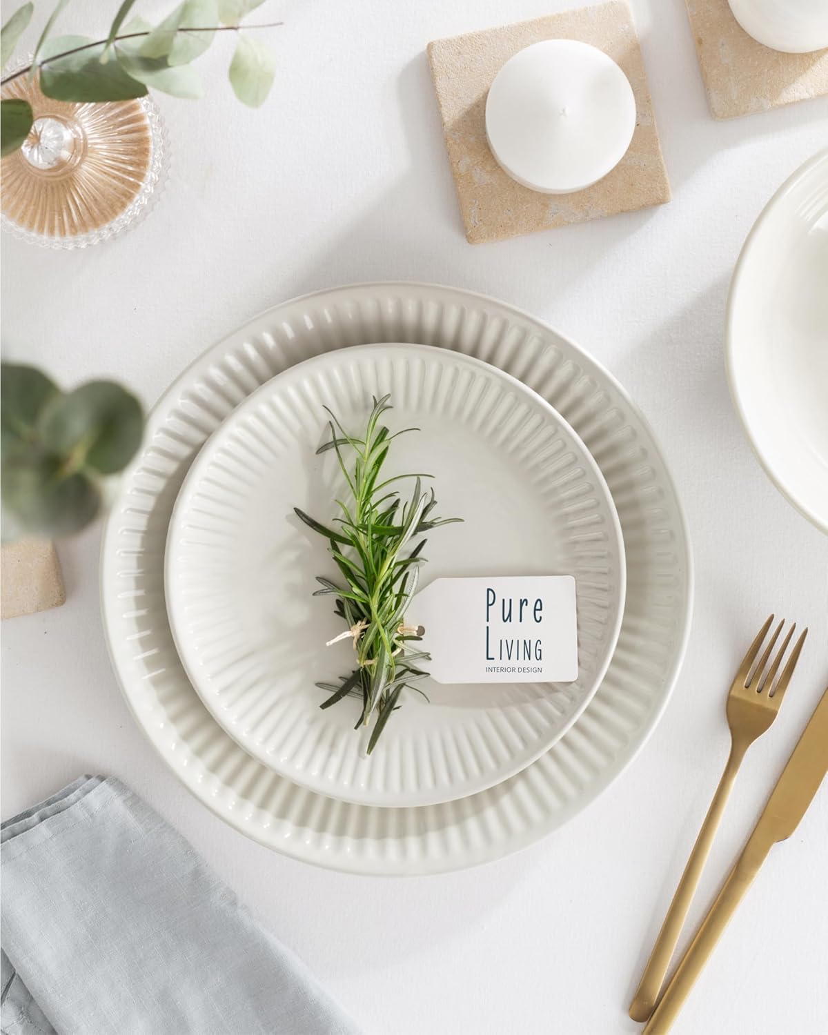 Stoneware Dinnerware Set for 4 People HYGGE 12-Piece - Elegant Scandi Design - Premium Dish Set - Bowl and Plate Set - Tableware for 4 People in a Ribbed Design - Pure Living in Beige