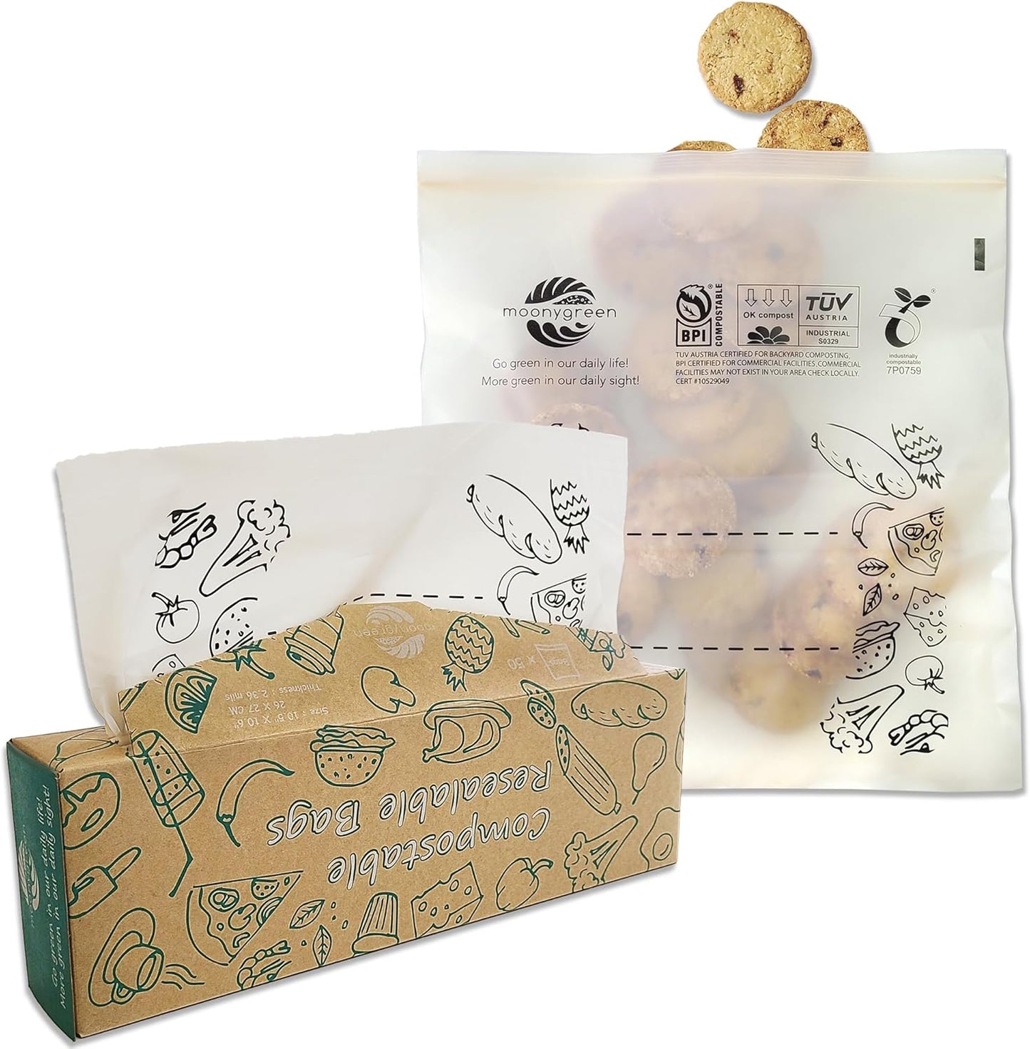 Compostable Food Storage Bags, Large Gallon Resealable Freezer Bags, 50 Count, 10.5 x 10.6 inches, Extra Thick, Certified US BPI ASTM D6400 Europe OK Compost