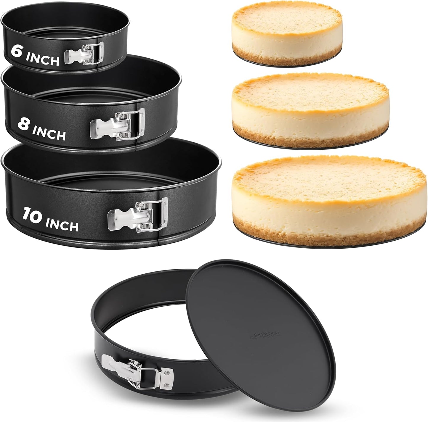 NutriChef 3 Piece Nonstick Springform Pan Set | 3 Tiered Sizes 6, 8 & 10 Inch Pans | Carbon Steel Cheesecake Pans | Stainless Steel Clasps | Oven Safe to 450 F | Includes 300 Parchment Papers | Black