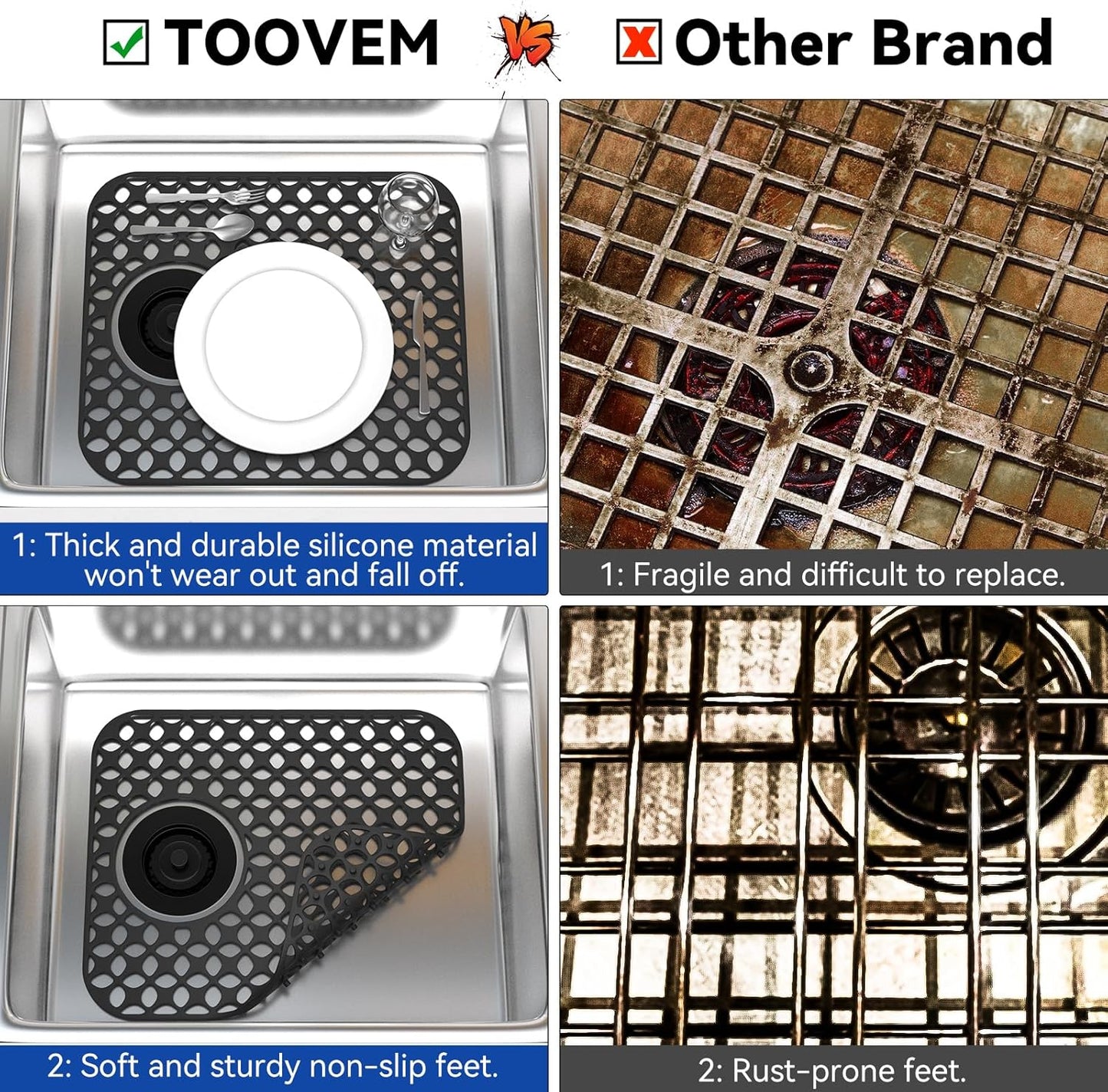 TOOVEM Sink Protectors for Kitchen Sink, Kitchen Stainless Ceramic, Folding Non-slip Mat, Heat Resistant Silicone Mat 1 Pcs, Black, 13.58 ''x 11.6 '' Rear Drain