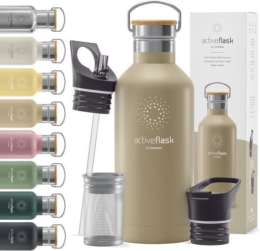 Stainless Steel Water Bottle with Straw, Infuser & 3 Lids: 18/32 OZ Leak-Proof Vacuum Insulated ACTIVE FLASK Drinking Bottles Hot Cold: Double Walled Outdoor Drink Thermo Mug Tea Coffee Sport Gym Bike