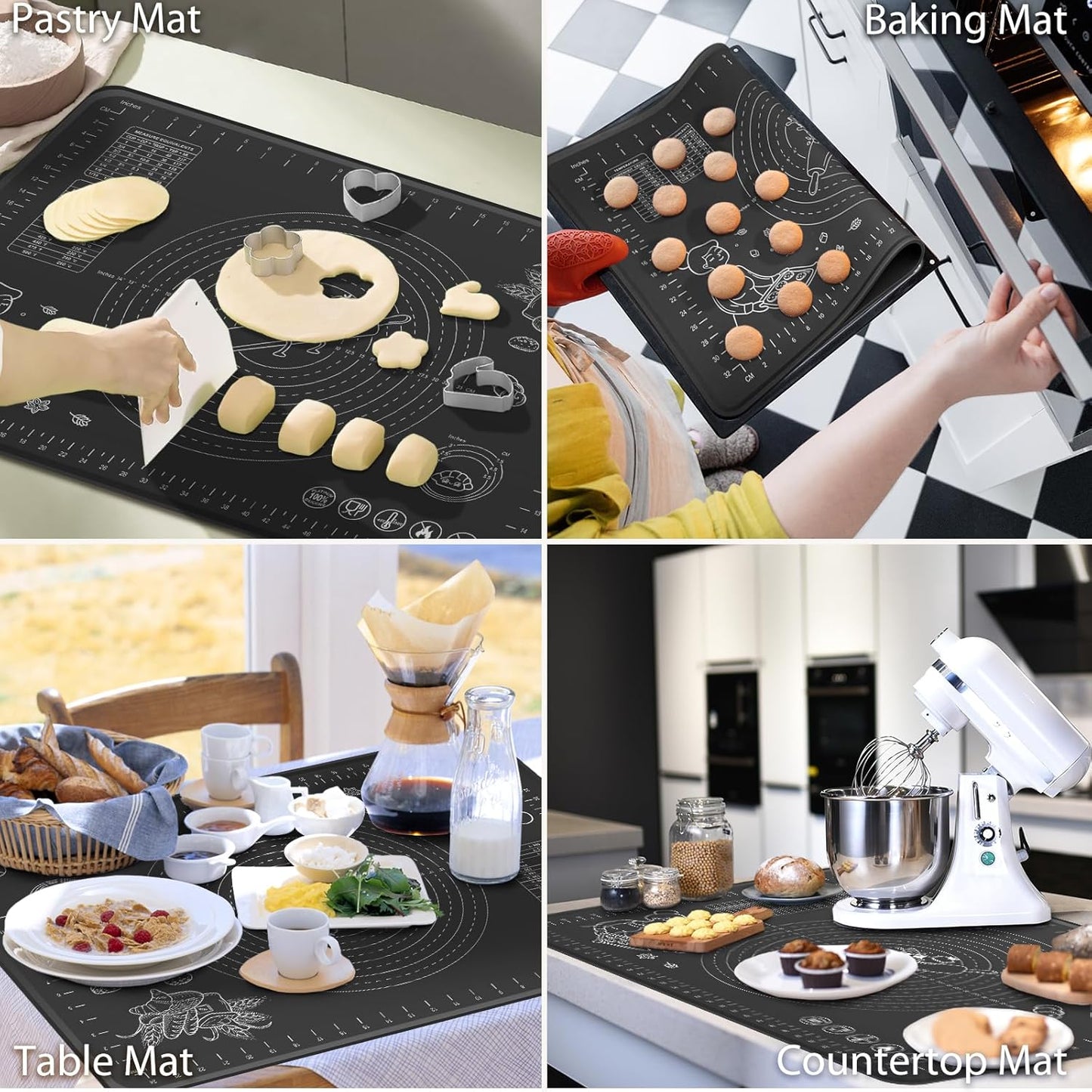 Silicone Baking Mat 28" x 20" Extra Thickness Dough Rolling Mat with Measurements and Edge Heightening, Non-stick Food Grade Silicone Pastry Mat for Pastry, Bread, Cookies, Pizza, Fondant, Pasta-Black