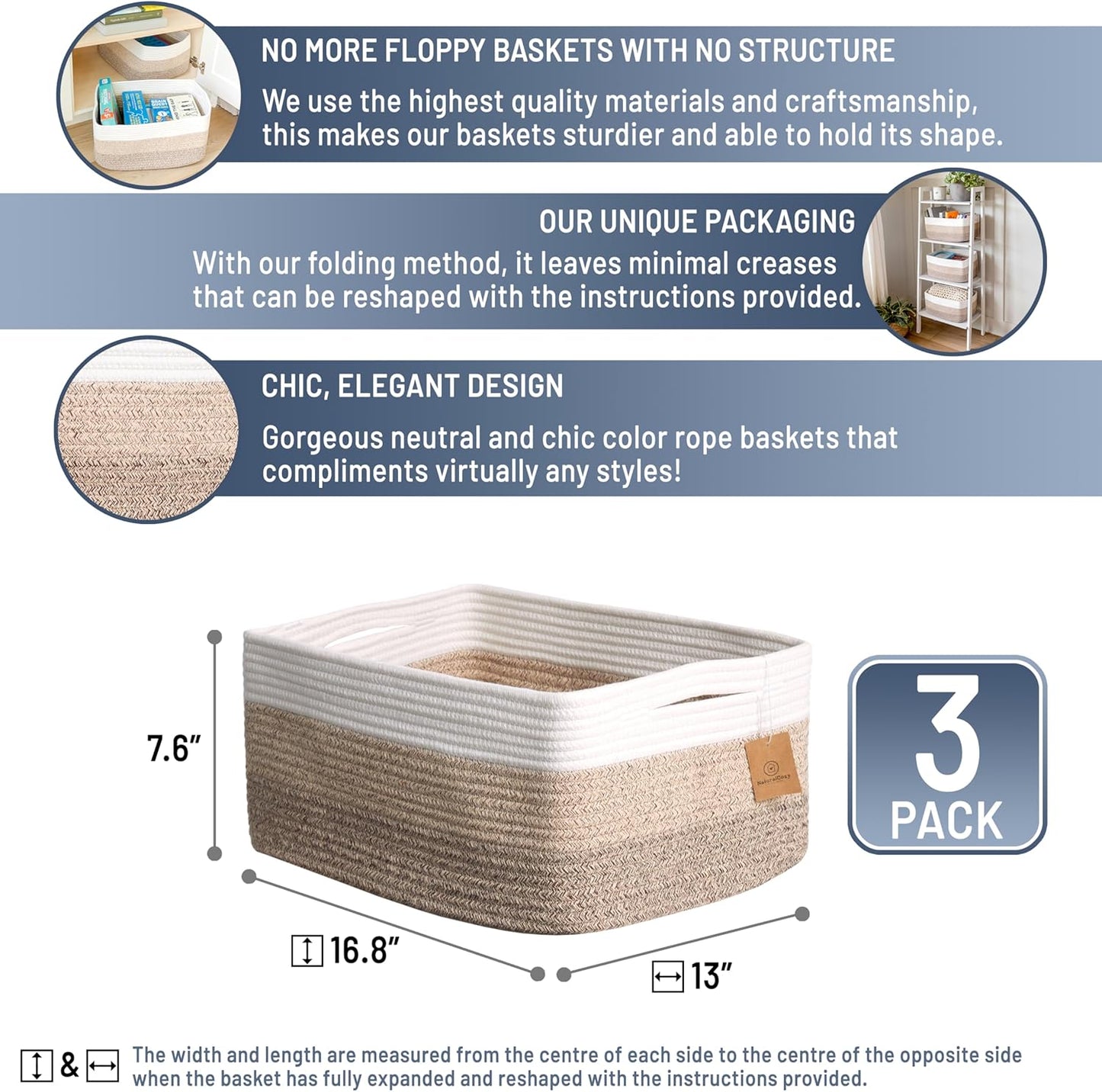 NaturalCozy Storage Baskets 16.8”x13”x7.6” Cotton Rope Woven Baskets for Organizing 3-Pack | Toy Storage Bins | Basket for Shelves, Laundry, Blanket, Clothes, Closet, Kitchen, Bathroom, Gifts