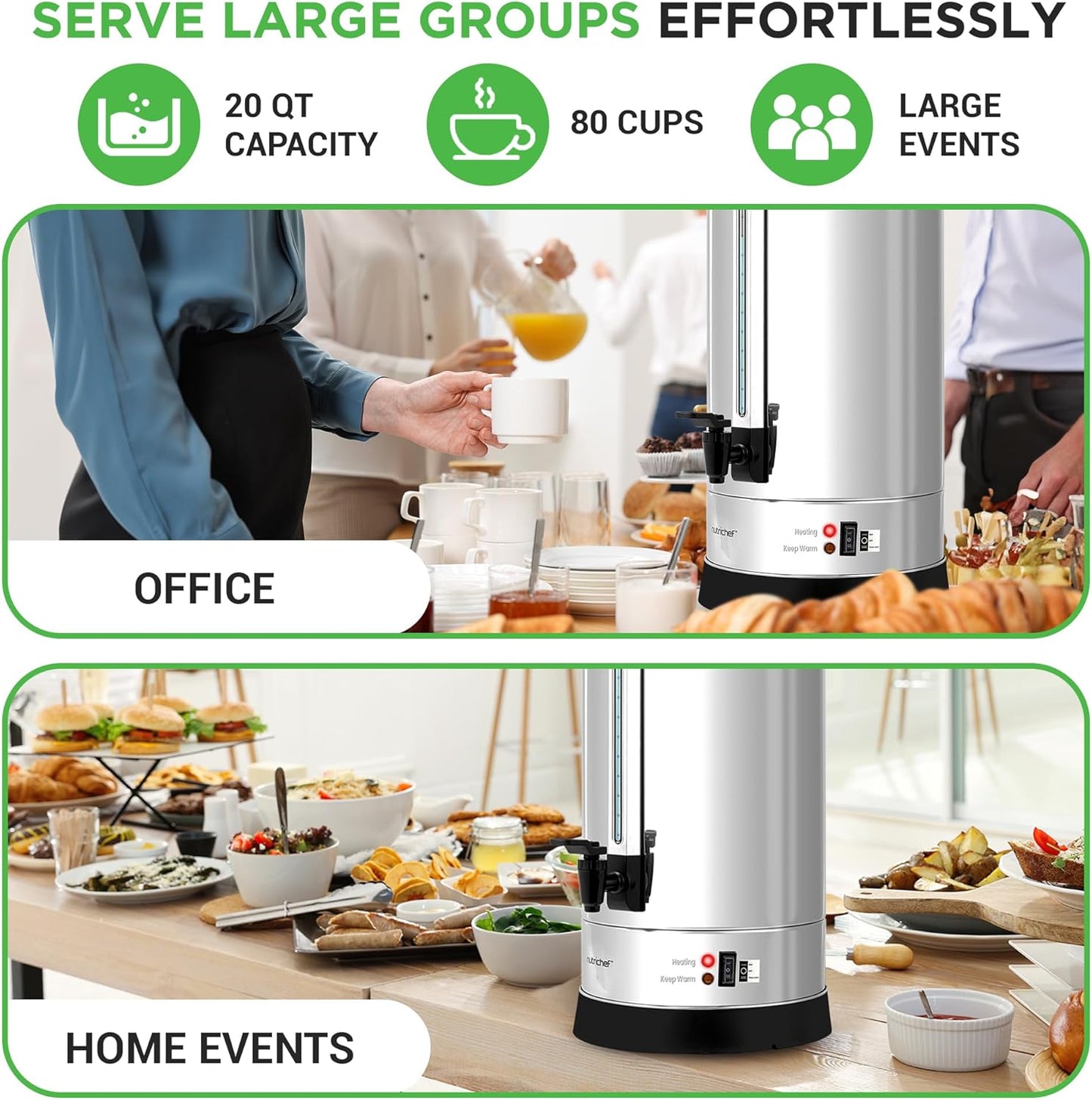 NutriChef Water Boiler and Hot Water Dispenser, 19L Electric Beverage Dispenser with Safety Lock Lid, Non-Drip Tap, Warm Function, Food Grade Stainless Steel, Home & Commercial Use, 19"x9"x9", Silver