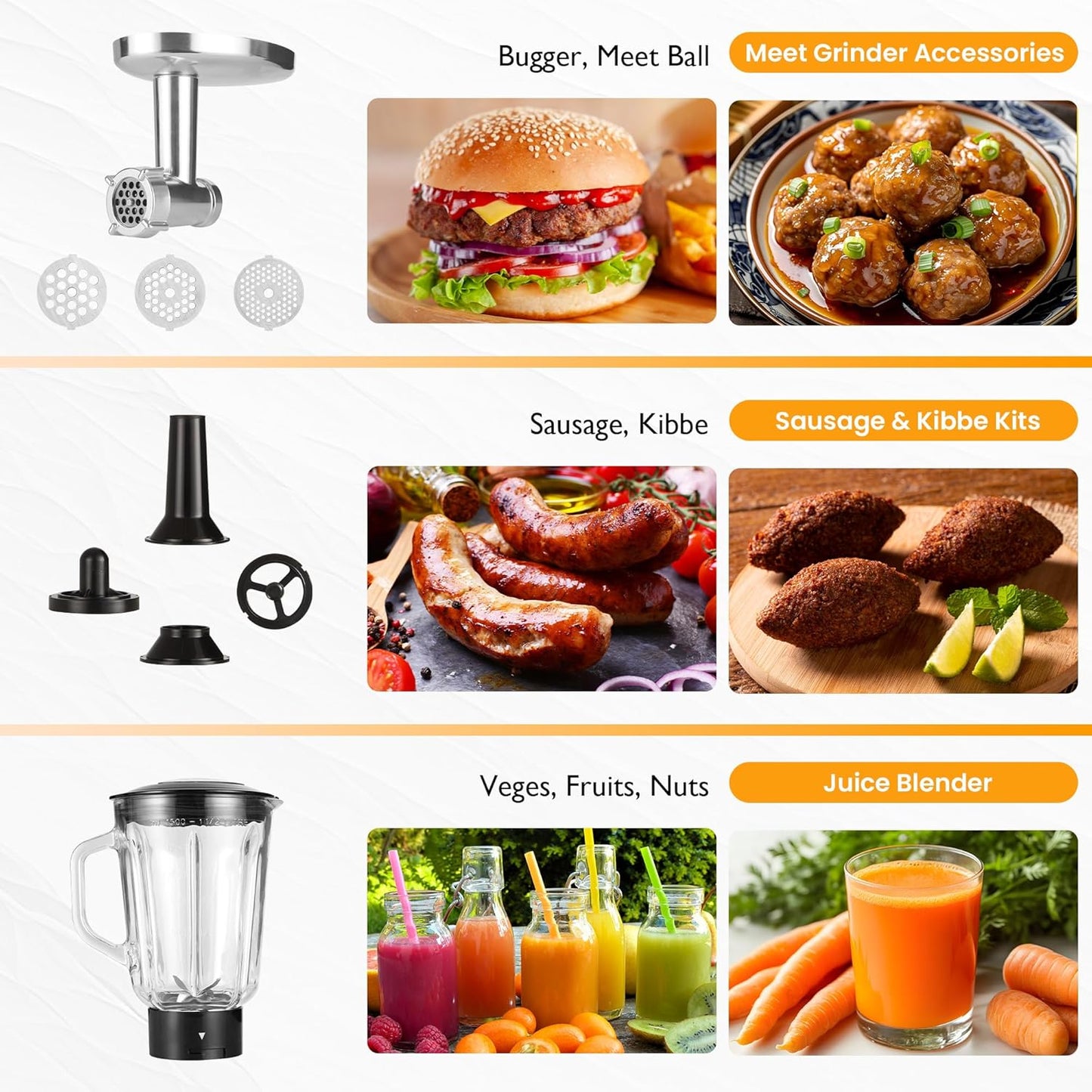 Sunvivi 3-in-1 Multifuctional Stand Mixer: 400W Kitchen Electric Mixer, Tilt-Head, 6.5QT Dough Mixer Machine with Stainless Steel Bowl, Meat Grinder, Juice Blender – Ideal for Baking, Cooking